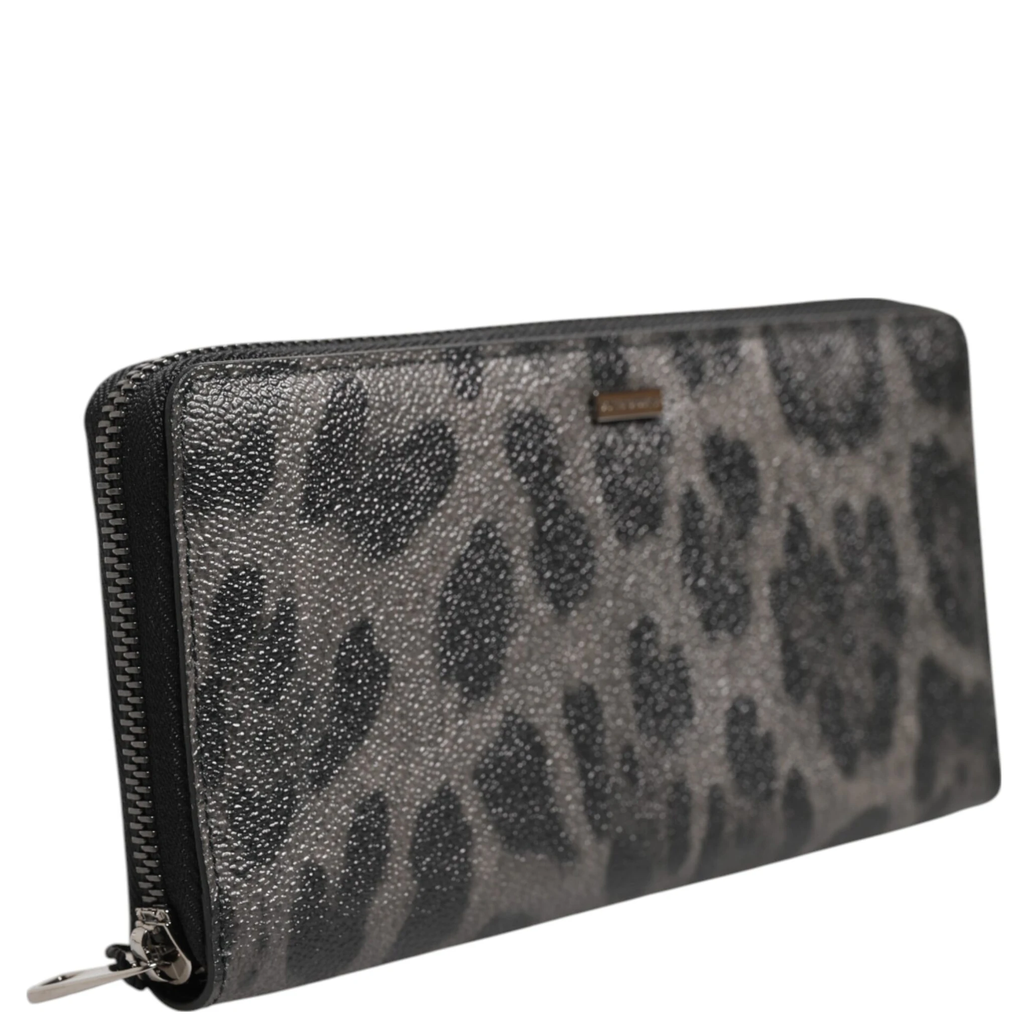 Black Gray Leopard Leather Zip Around Continental Wallet