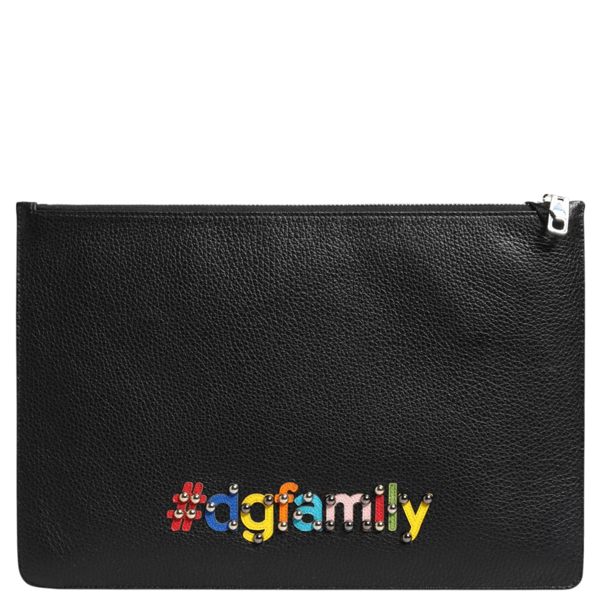 Black Leather #DGFAMILY Embellished Men Clutch Pouch Bag