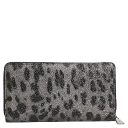 Black Gray Leopard Leather Zip Around Continental Wallet