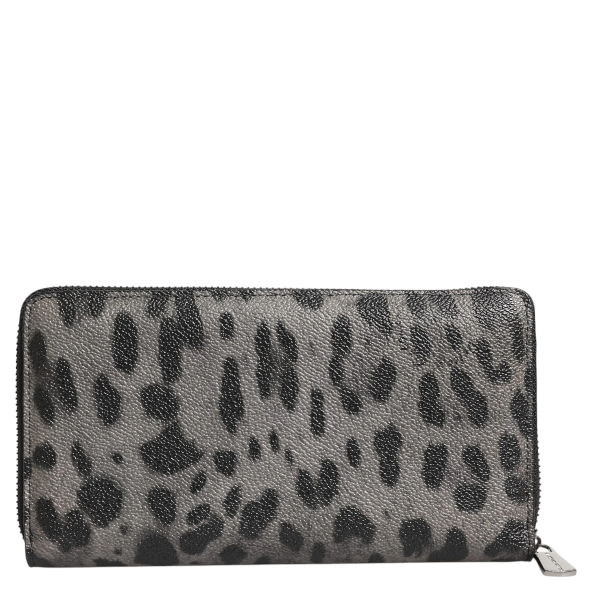 Black Gray Leopard Leather Zip Around Continental Wallet