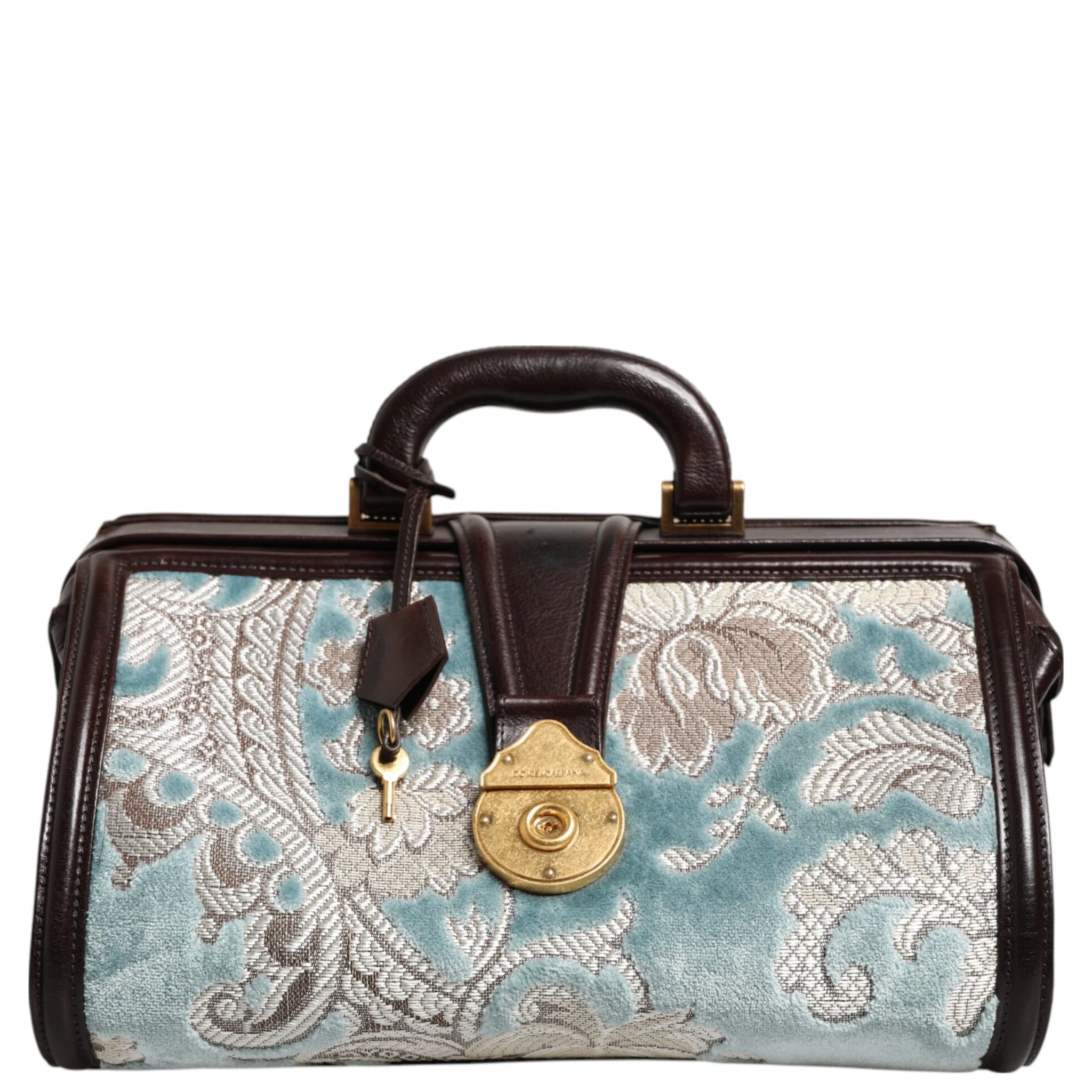 Blue Brown Leather Floral Jacquard Travel Handbag Bag