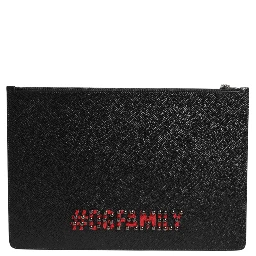 Black Leather #DGFAMILY Embellished Men Clutch Pouch Bag
