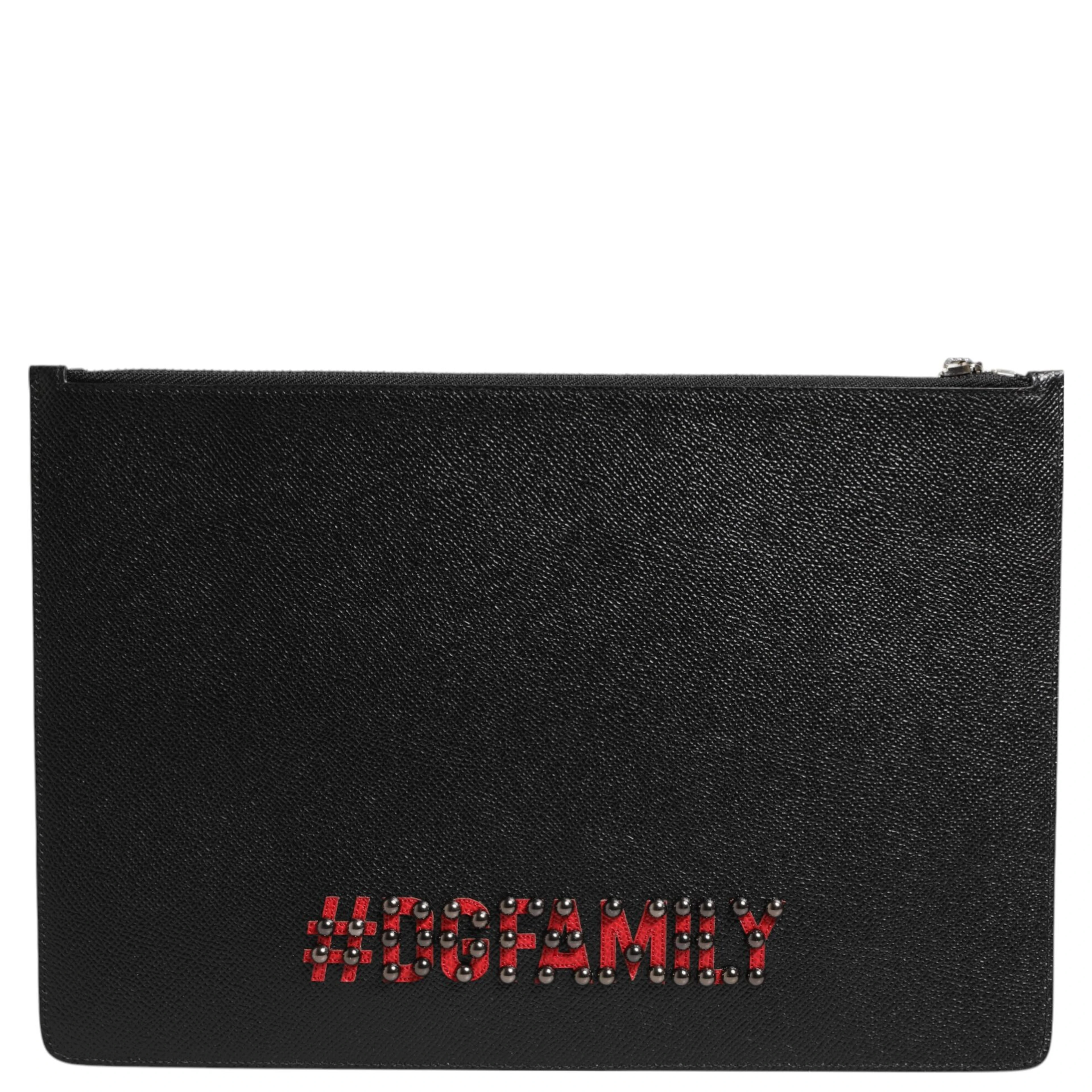 Black Leather #DGFAMILY Embellished Men Clutch Pouch Bag