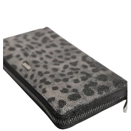 Black Gray Leopard Leather Zip Around Continental Wallet