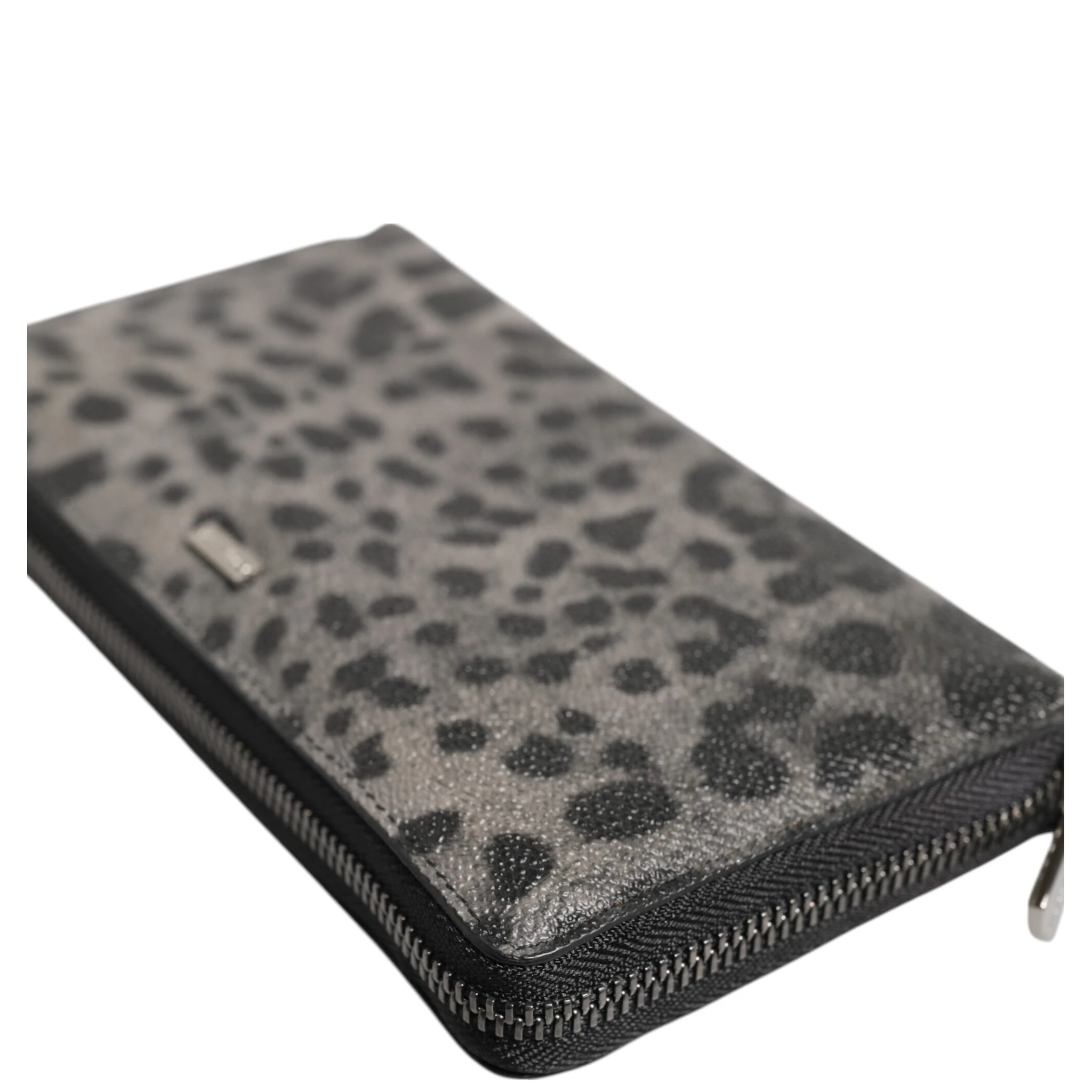 Black Gray Leopard Leather Zip Around Continental Wallet
