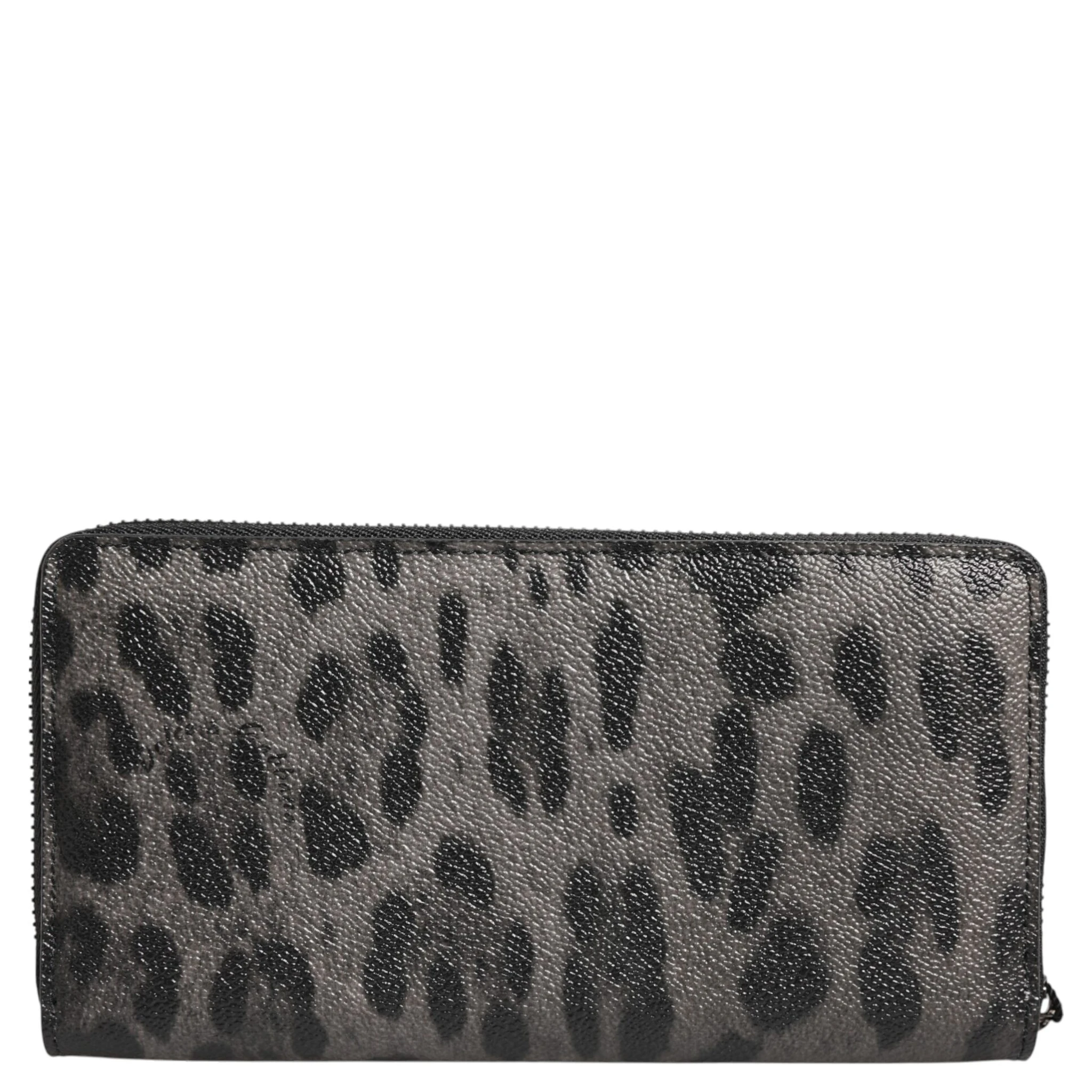 Black Gray Leopard Leather Zip Around Continental Wallet