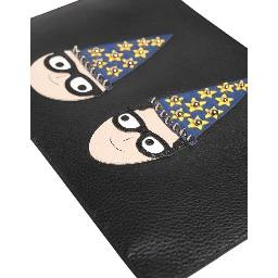 Black Leather #DGFAMILY Embellished Men Clutch Pouch Bag