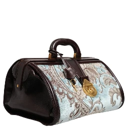 Blue Brown Leather Floral Jacquard Travel Handbag Bag