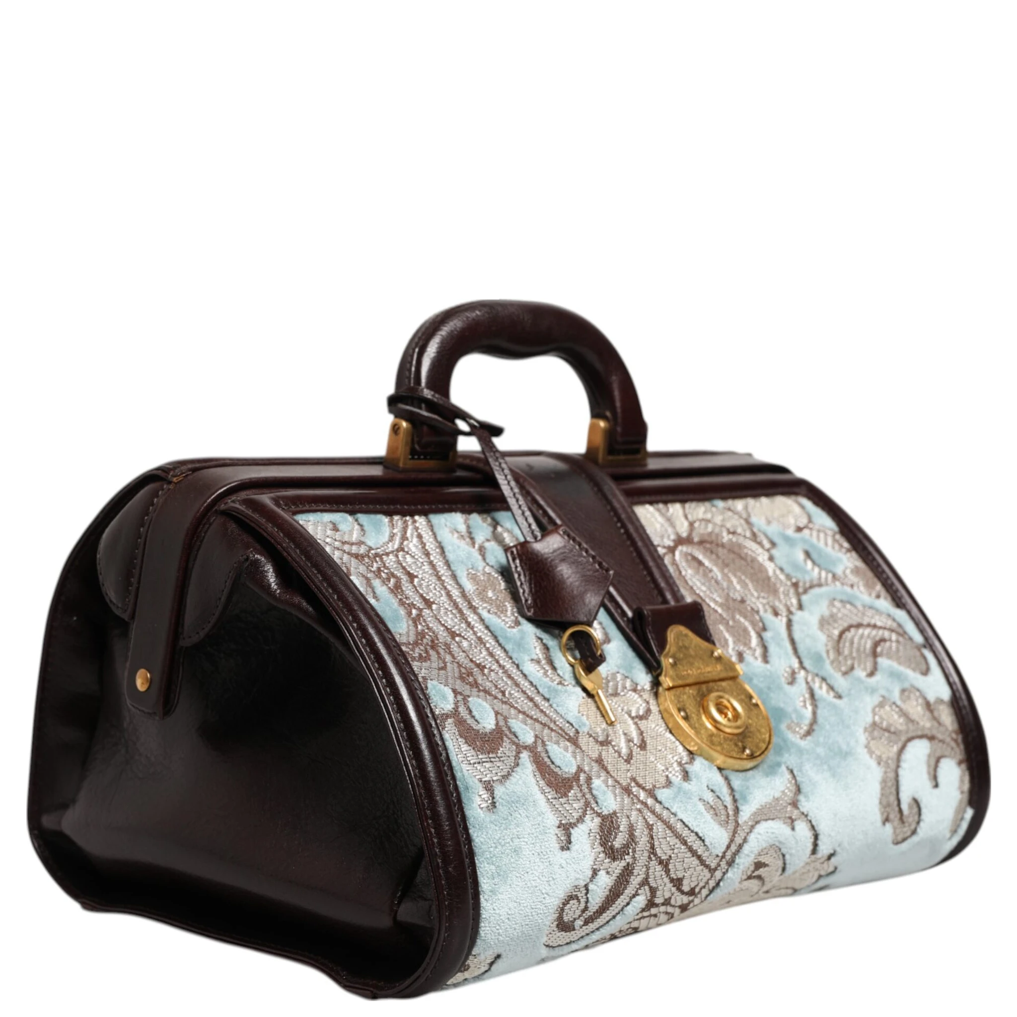 Blue Brown Leather Floral Jacquard Travel Handbag Bag