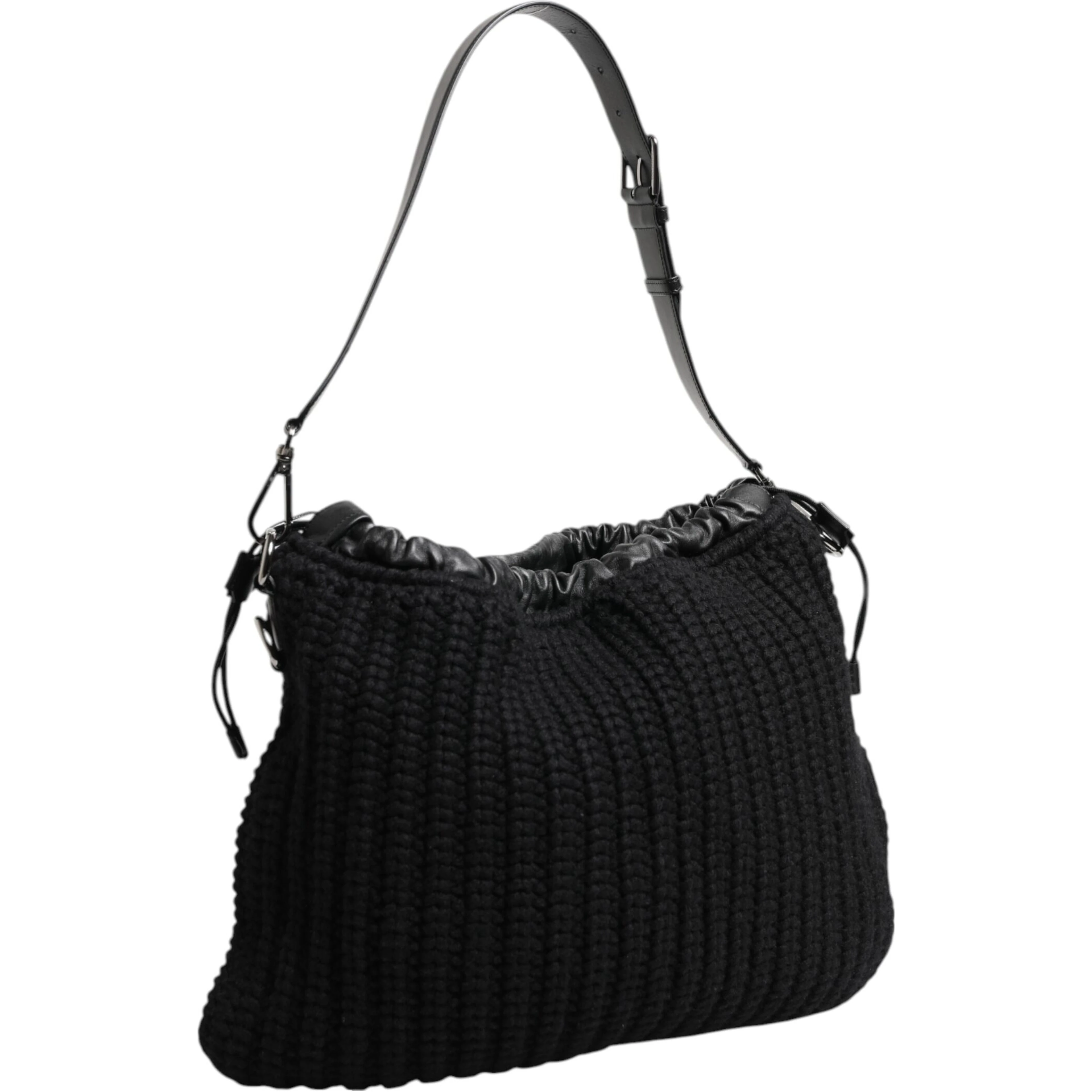 Black Cashmere Knitted Leather Shoulder Women Borse Bag