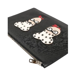 Black Leather #DGFAMILY Embellished Men Clutch Pouch Bag