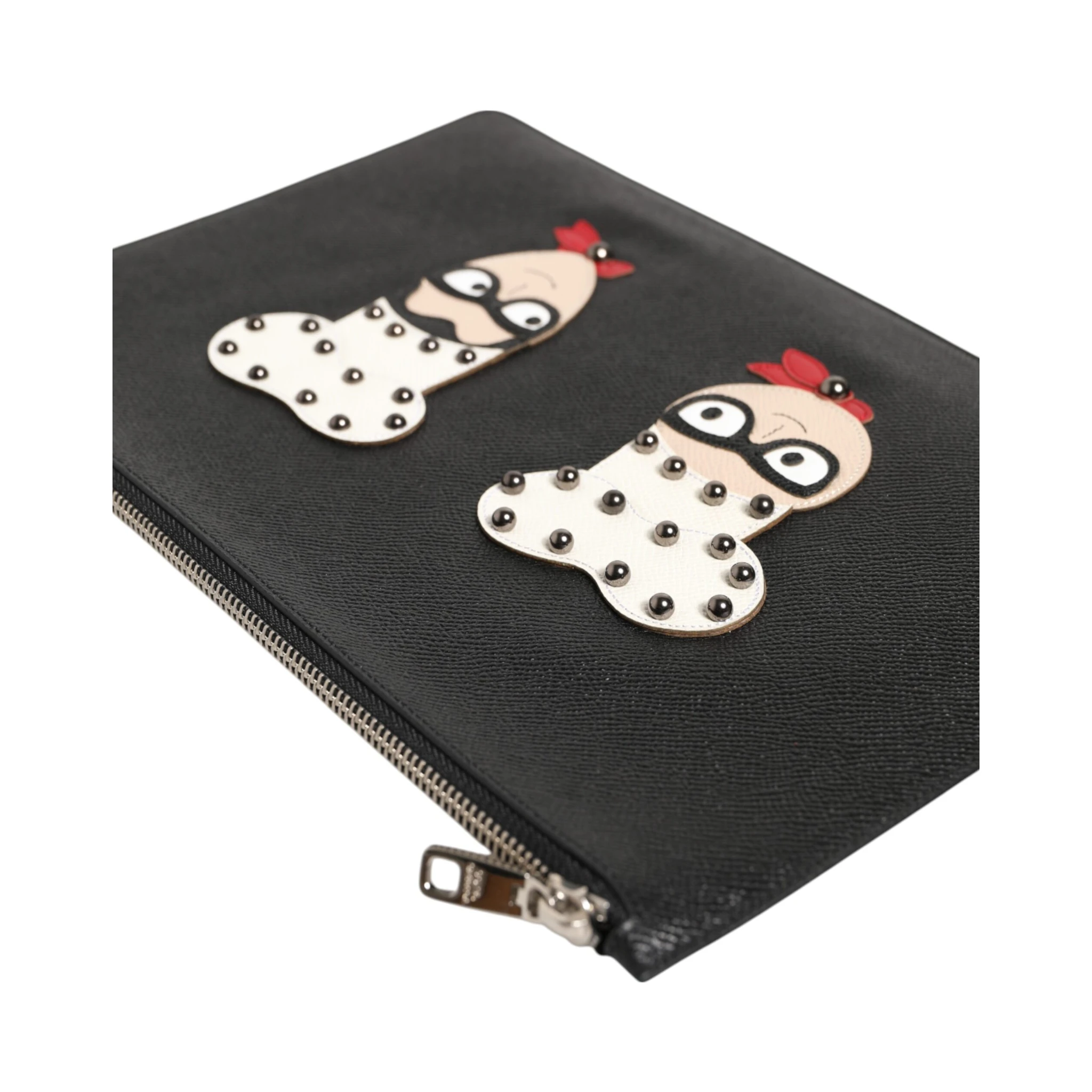 Black Leather #DGFAMILY Embellished Men Clutch Pouch Bag