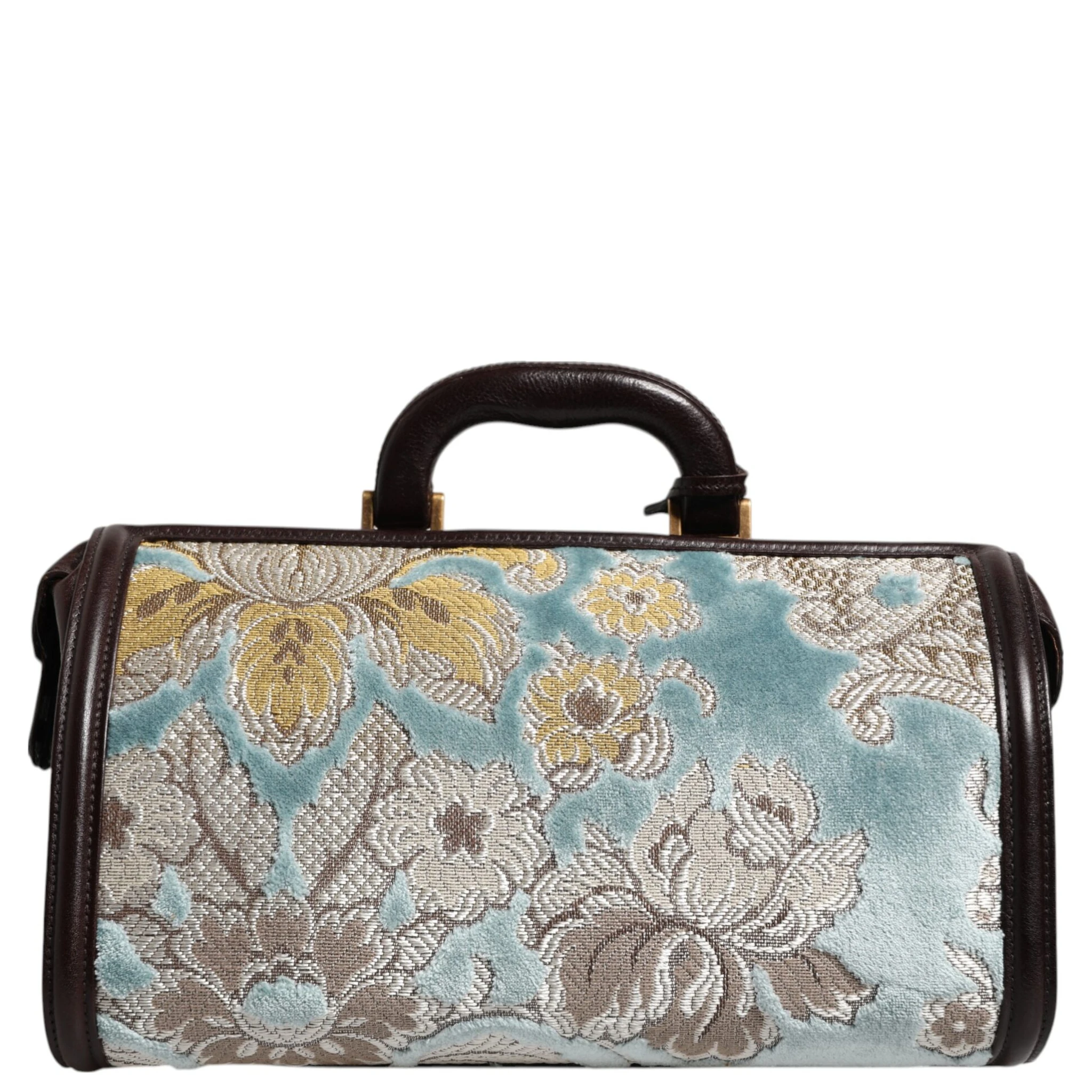Blue Brown Leather Floral Jacquard Travel Handbag Bag
