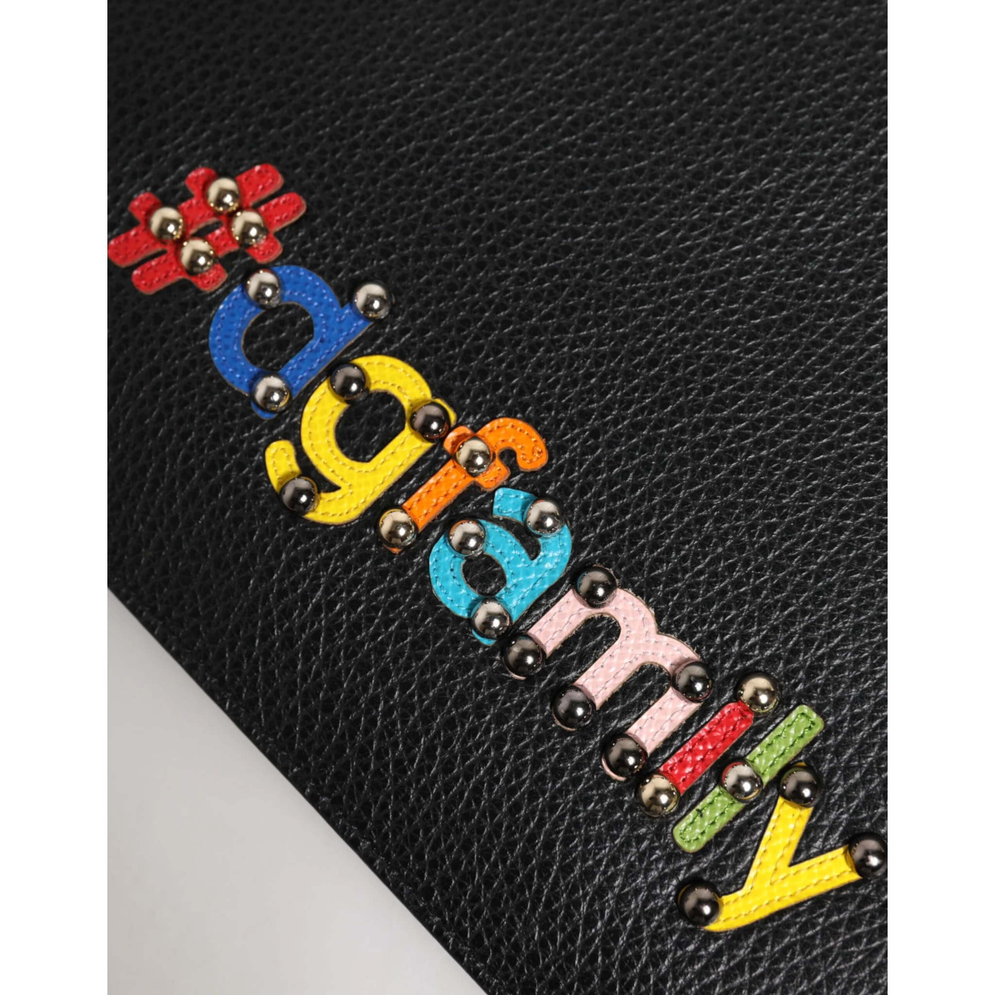 Black Leather #DGFAMILY Embellished Men Clutch Pouch Bag