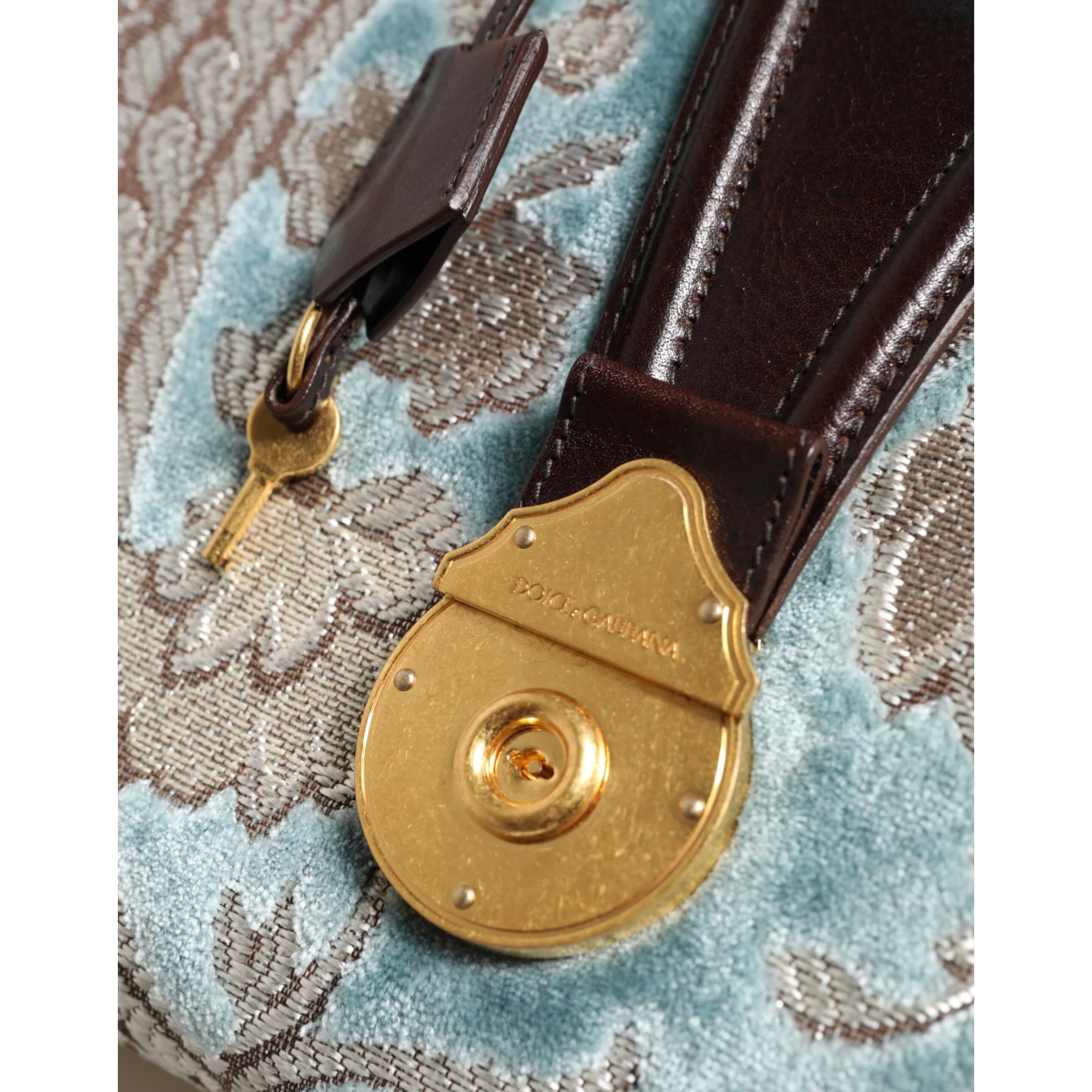 Blue Brown Leather Floral Jacquard Travel Handbag Bag