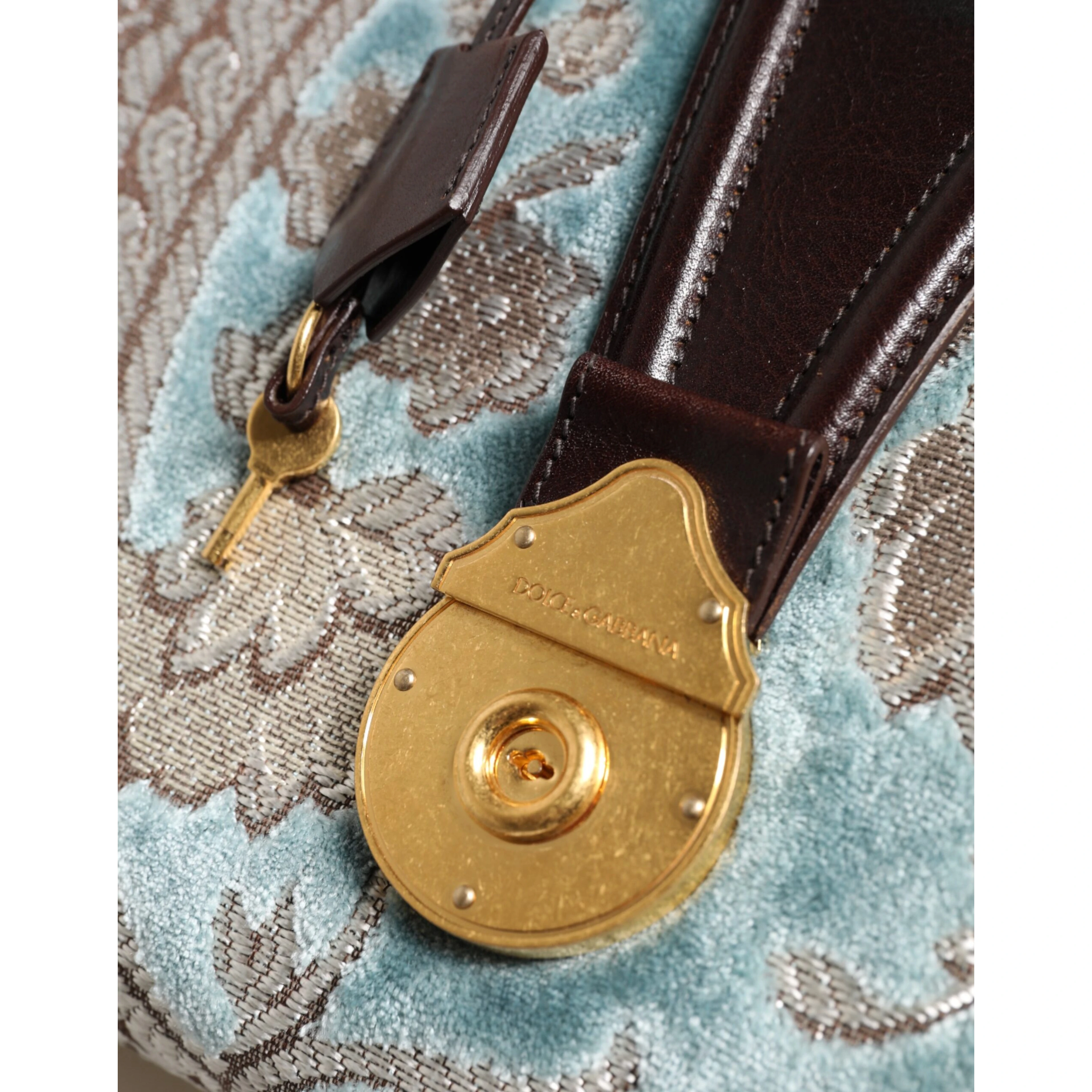 Blue Brown Leather Floral Jacquard Travel Handbag Bag
