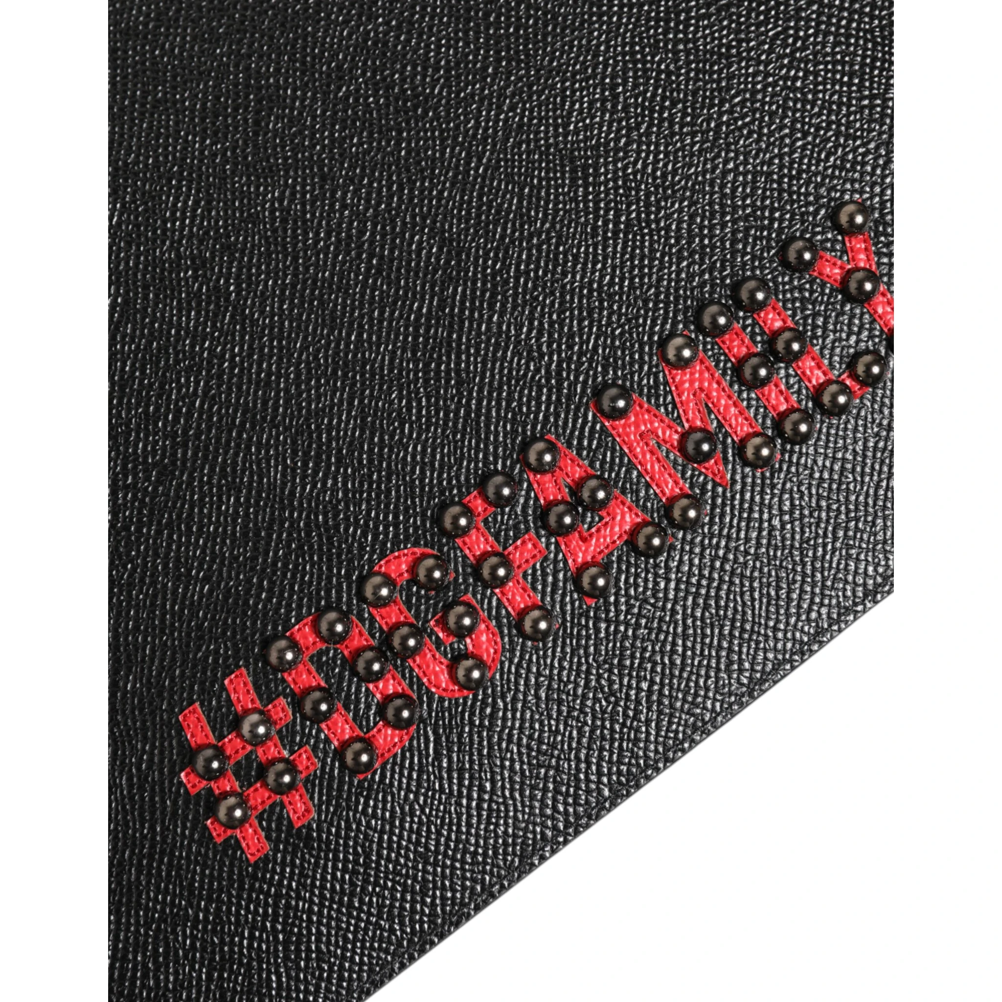 Black Leather #DGFAMILY Embellished Men Clutch Pouch Bag
