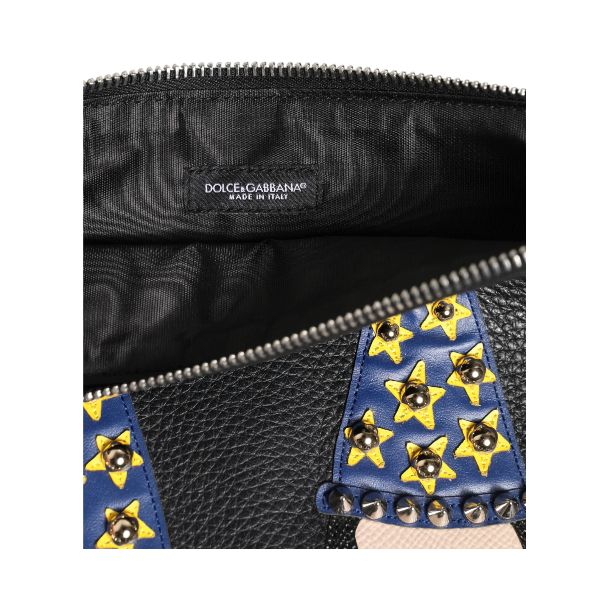 Black Leather #DGFAMILY Embellished Men Clutch Pouch Bag