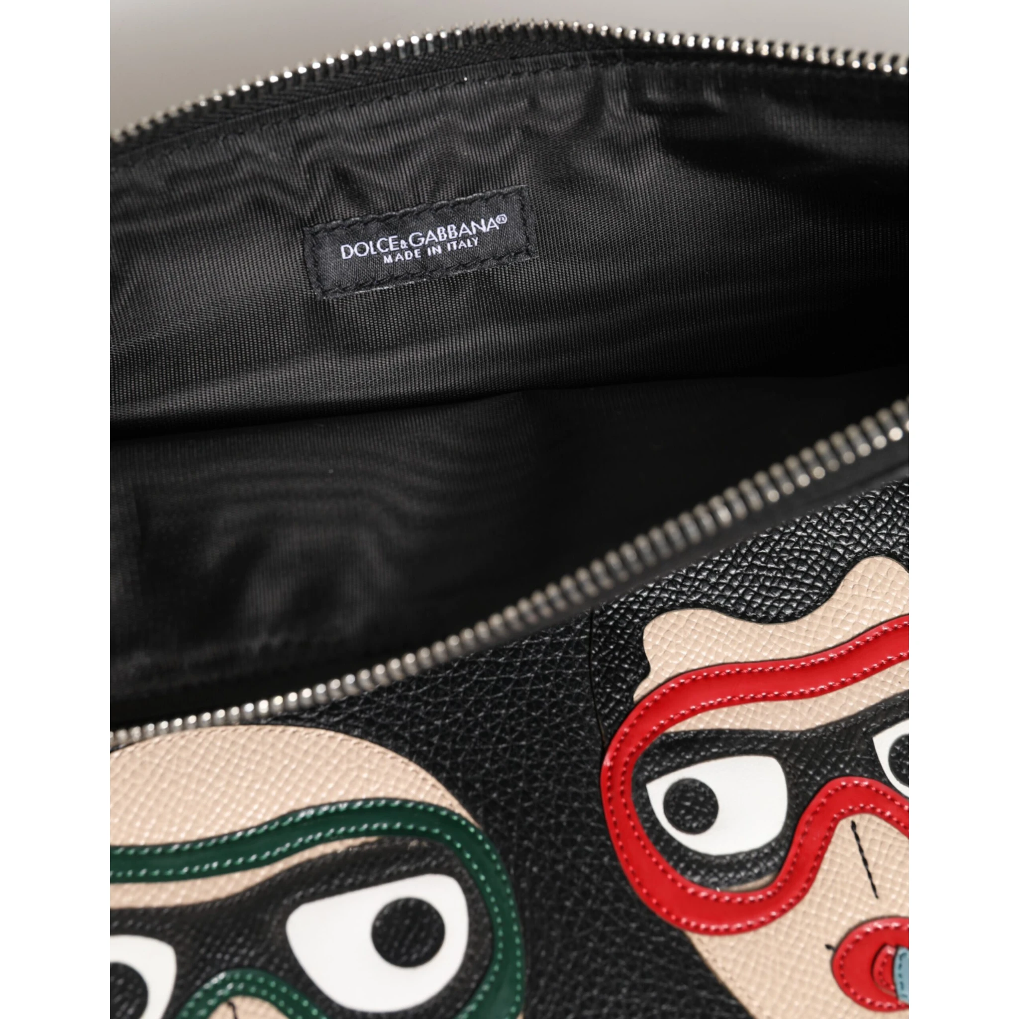 Black Leather #DGFAMILY Embellished Men Clutch Pouch Bag
