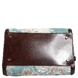 Blue Brown Leather Floral Jacquard Travel Handbag Bag