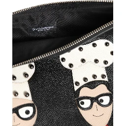 Black Leather #DGFAMILY Embellished Men Clutch Pouch Bag
