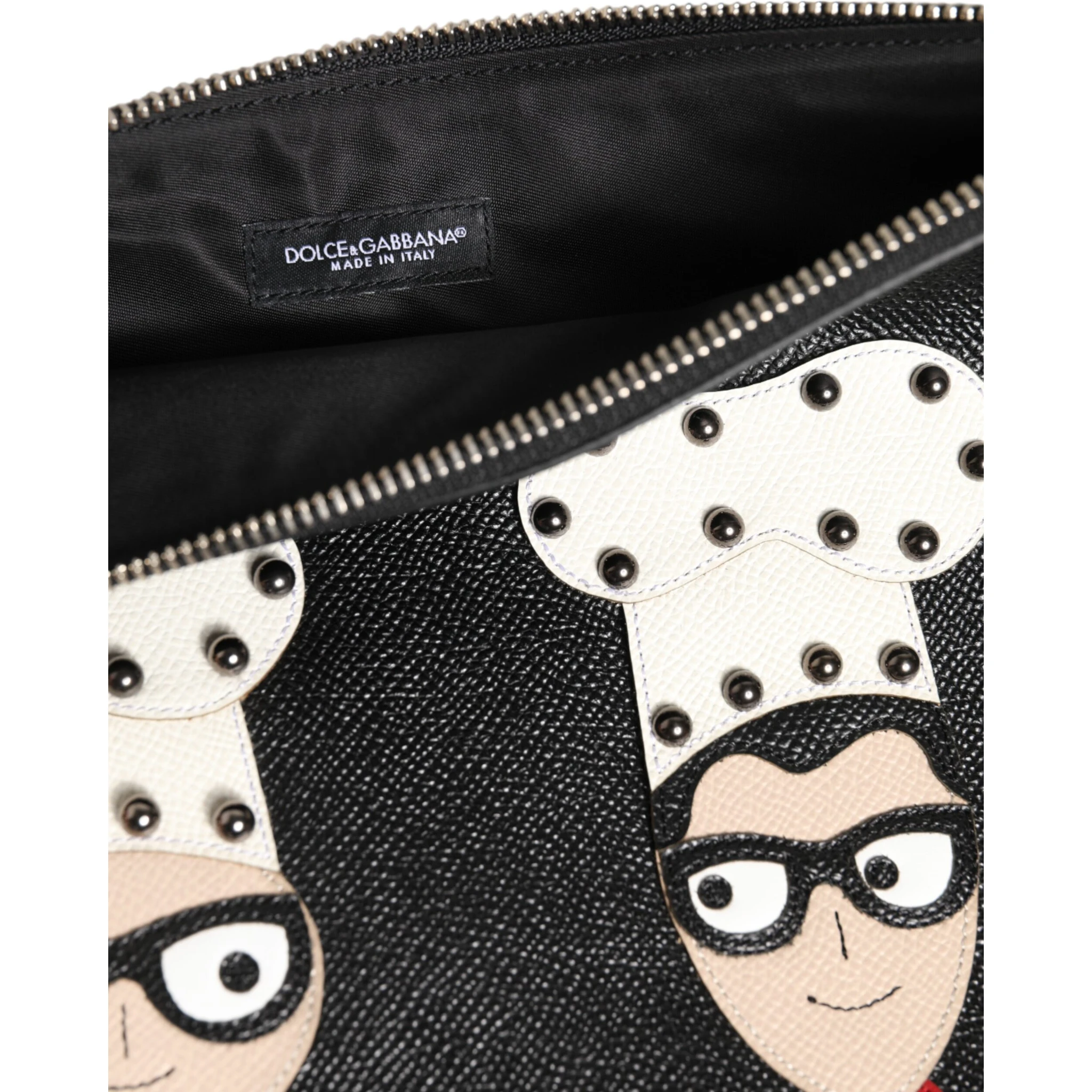Black Leather #DGFAMILY Embellished Men Clutch Pouch Bag