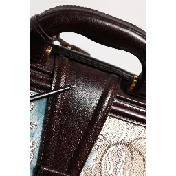 Blue Brown Leather Floral Jacquard Travel Handbag Bag