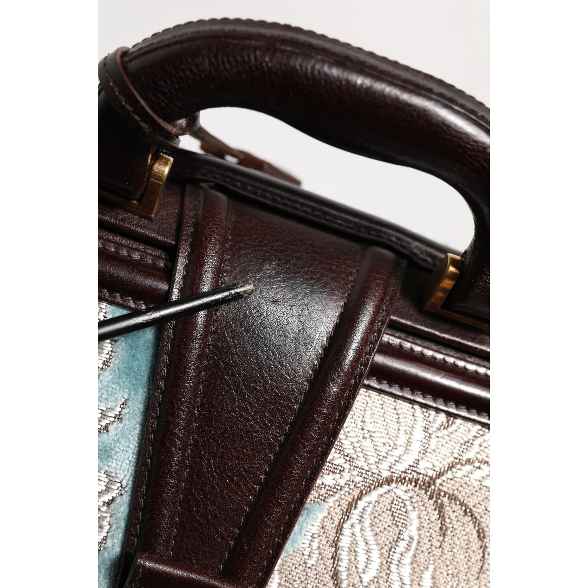 Blue Brown Leather Floral Jacquard Travel Handbag Bag