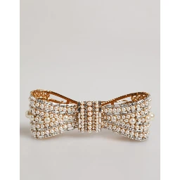Gold Tone Brass Bow Crystal FauxPearl Embellished Brooch