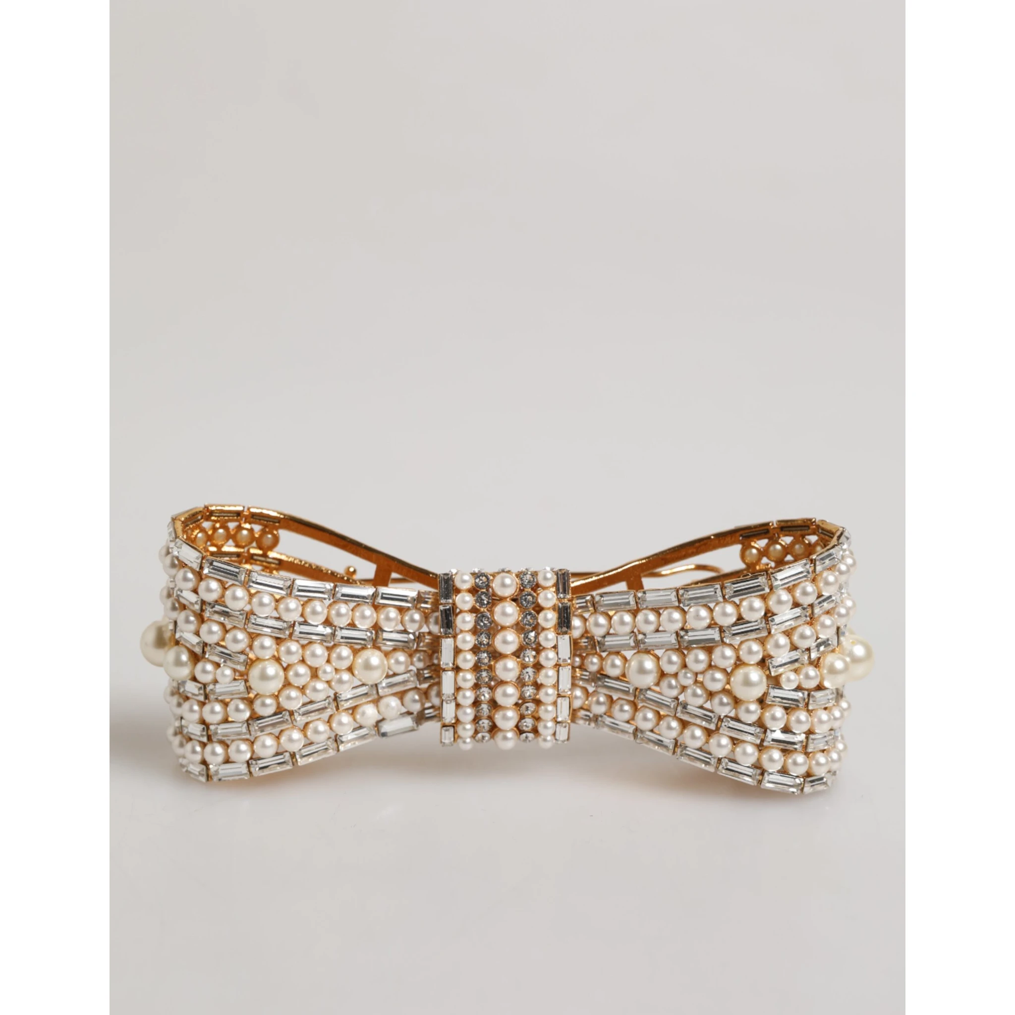 Gold Tone Brass Bow Crystal FauxPearl Embellished Brooch