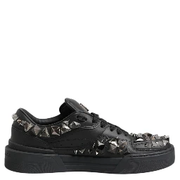Black Leather Studded Low Top Sneakers Shoes