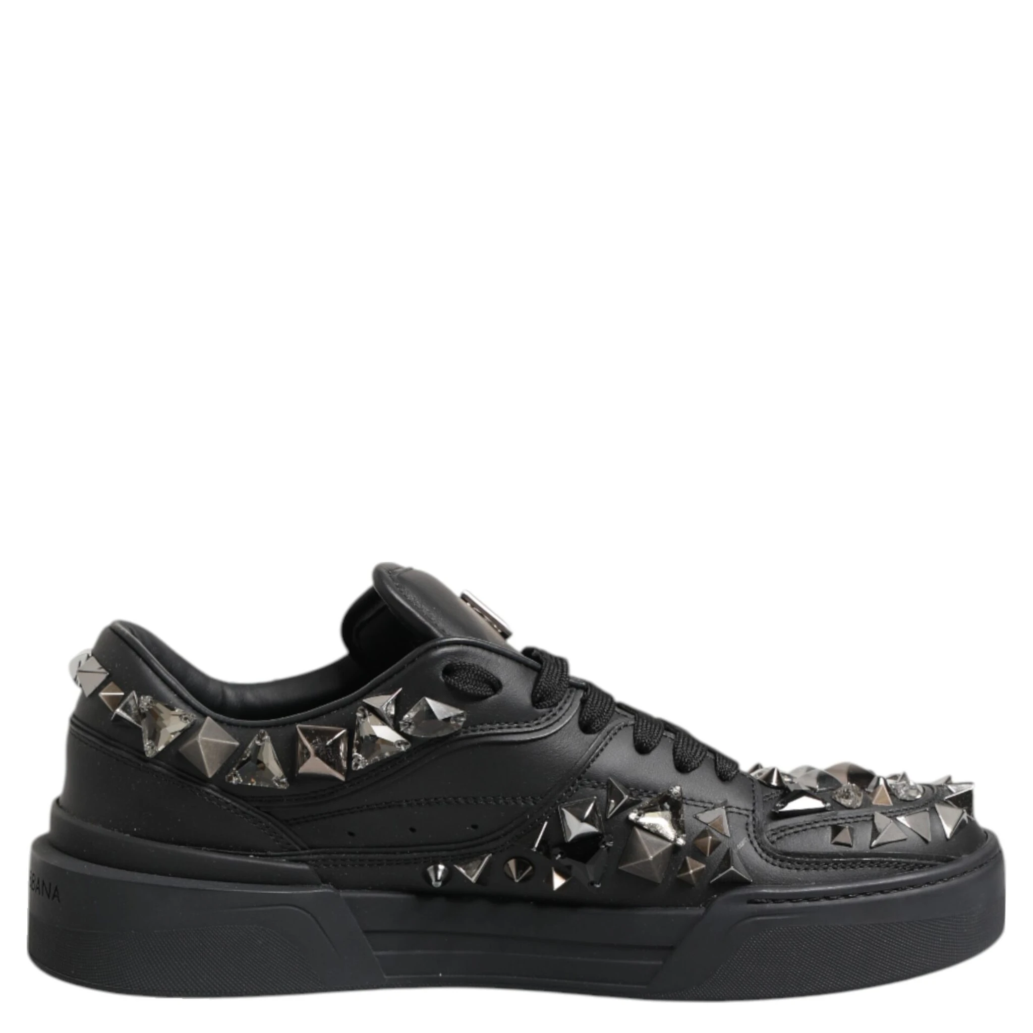 Black Leather Studded Low Top Sneakers Shoes