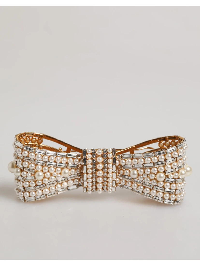 Gold Tone Brass Bow Crystal FauxPearl Embellished Brooch