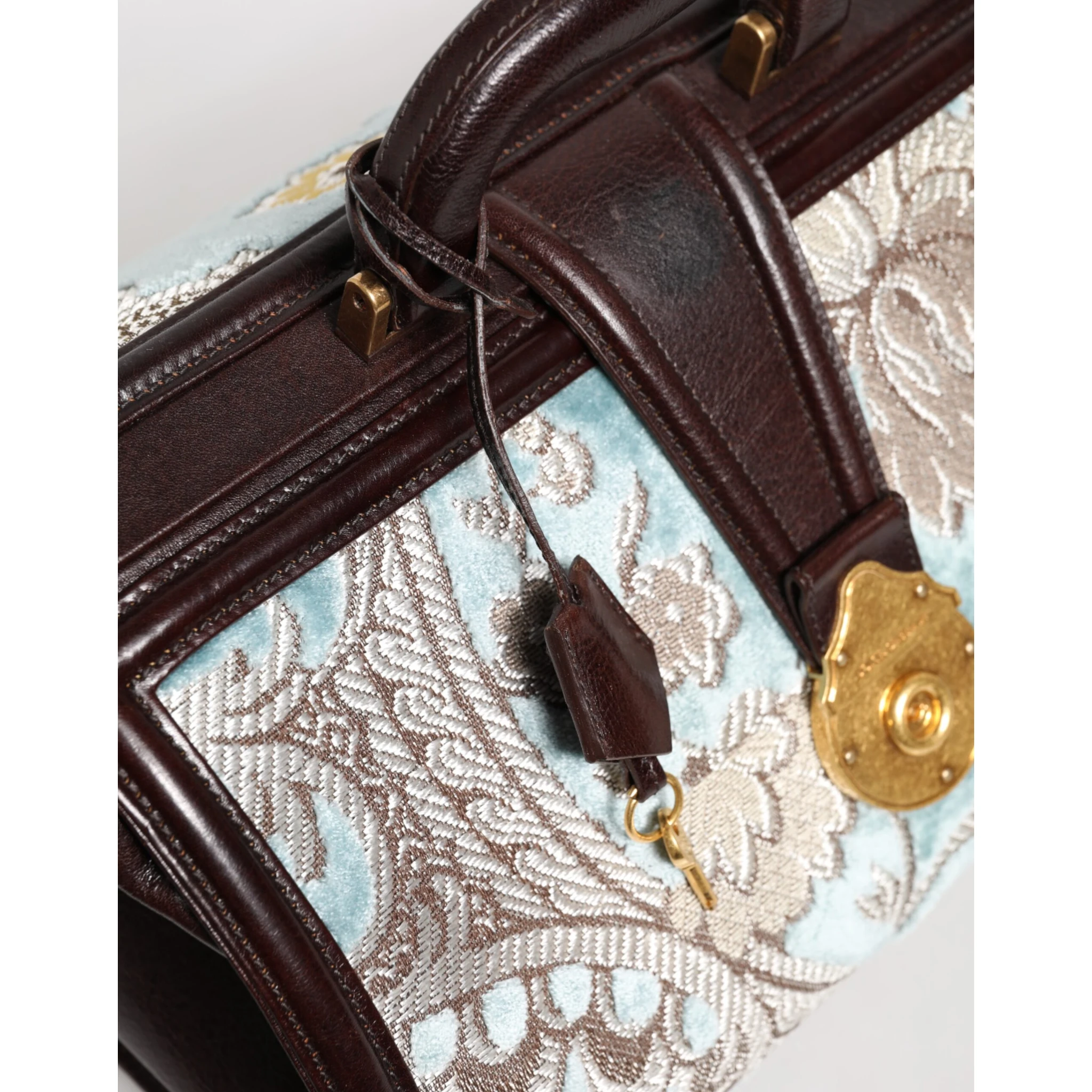 Blue Brown Leather Floral Jacquard Travel Handbag Bag
