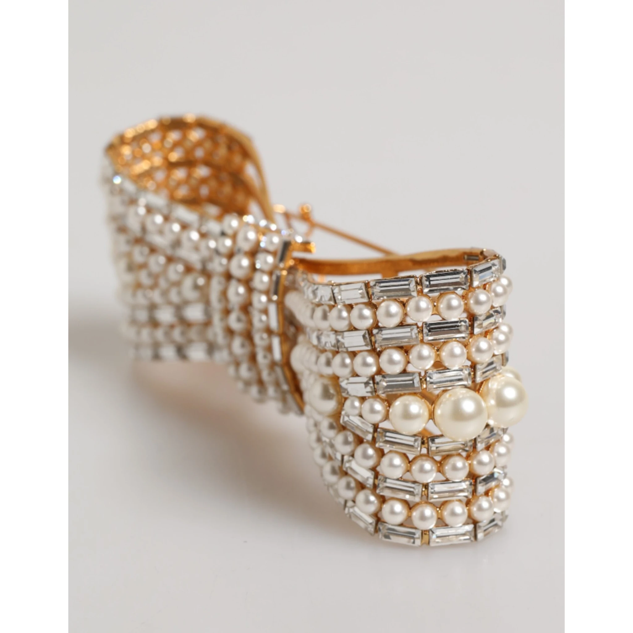 Gold Tone Brass Bow Crystal FauxPearl Embellished Brooch