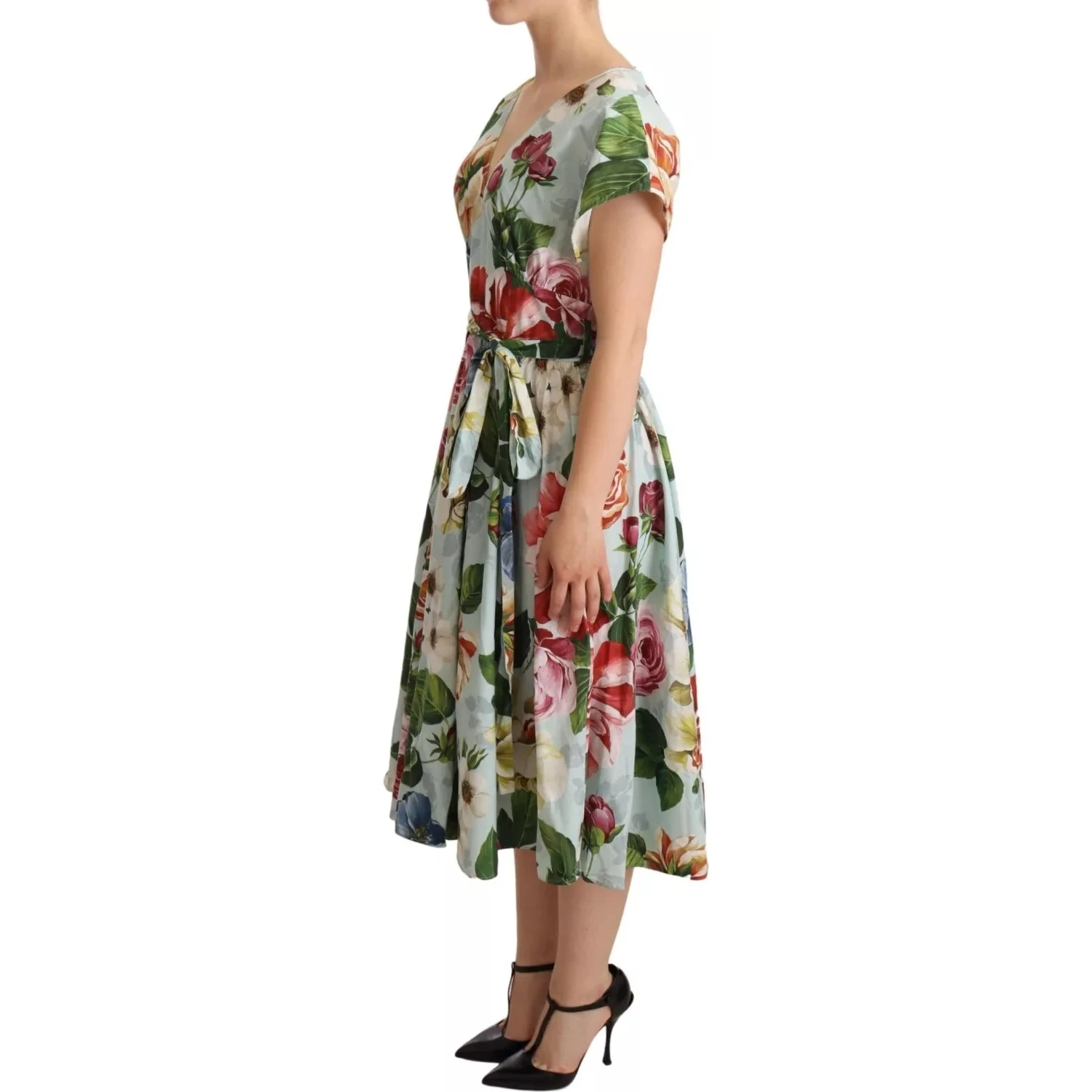 Green Floral Short Sleeves Cotton V-neck Dress
