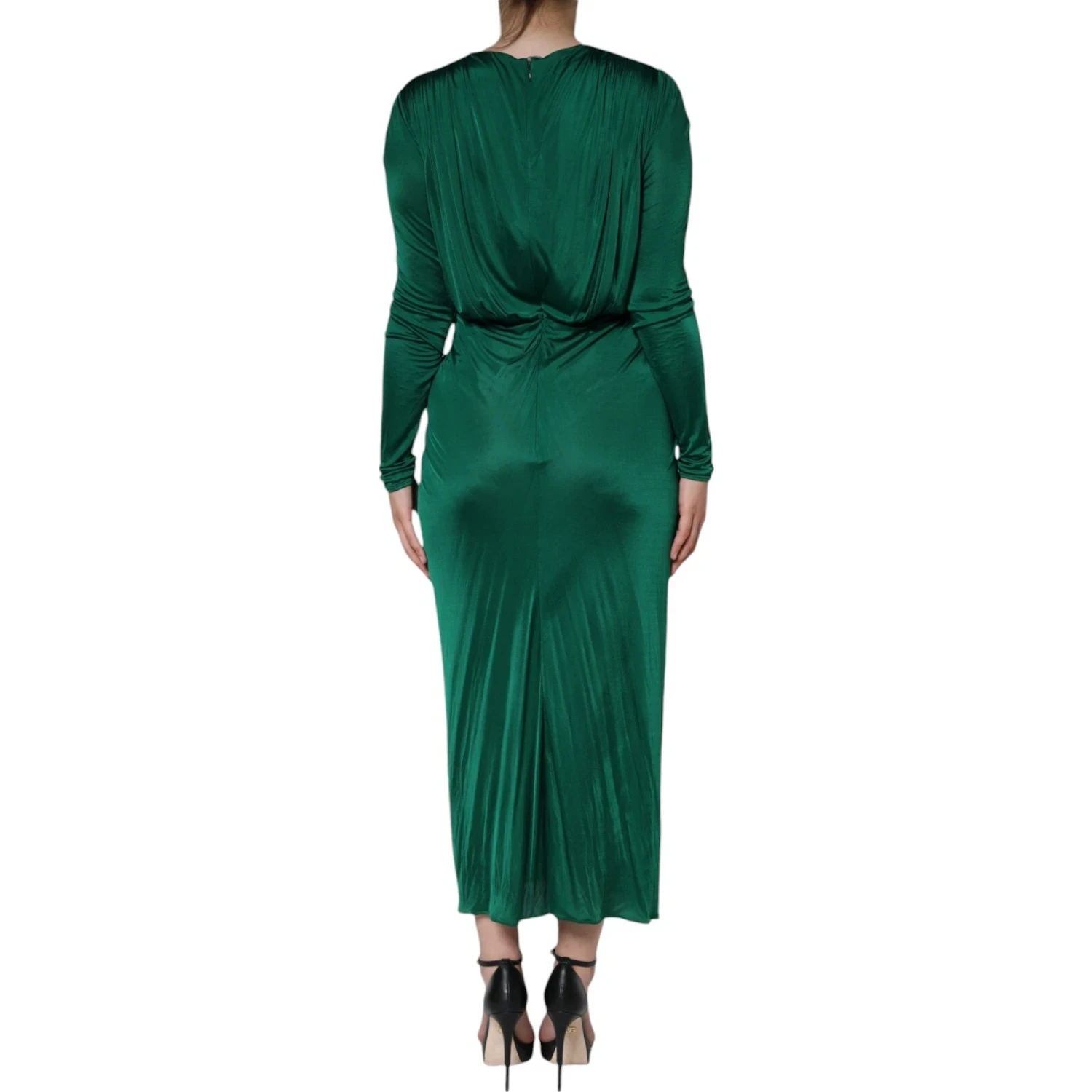 Dark Green Viscose Long Sleeve Midi Dress