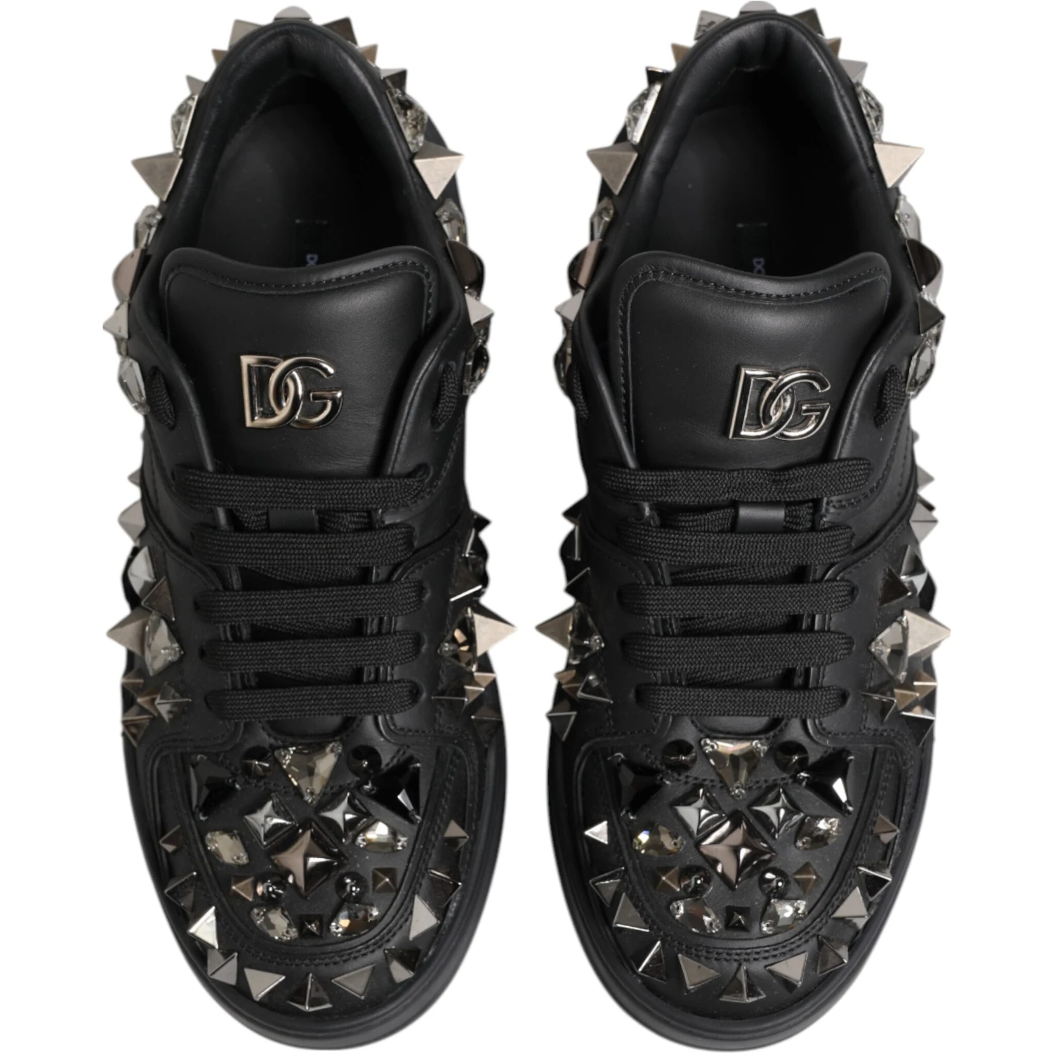 Black Leather Studded Low Top Sneakers Shoes