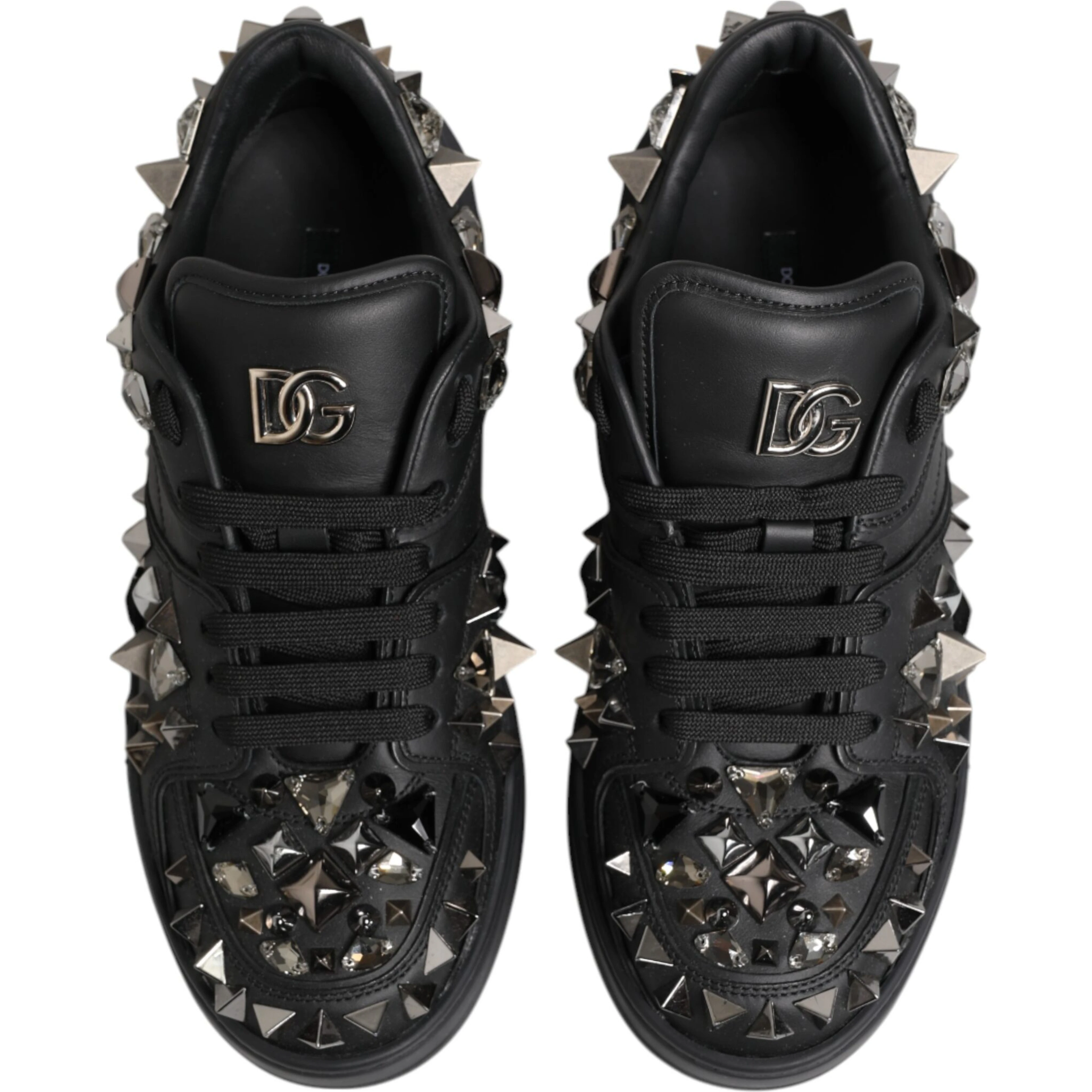 Black Leather Studded Low Top Sneakers Shoes
