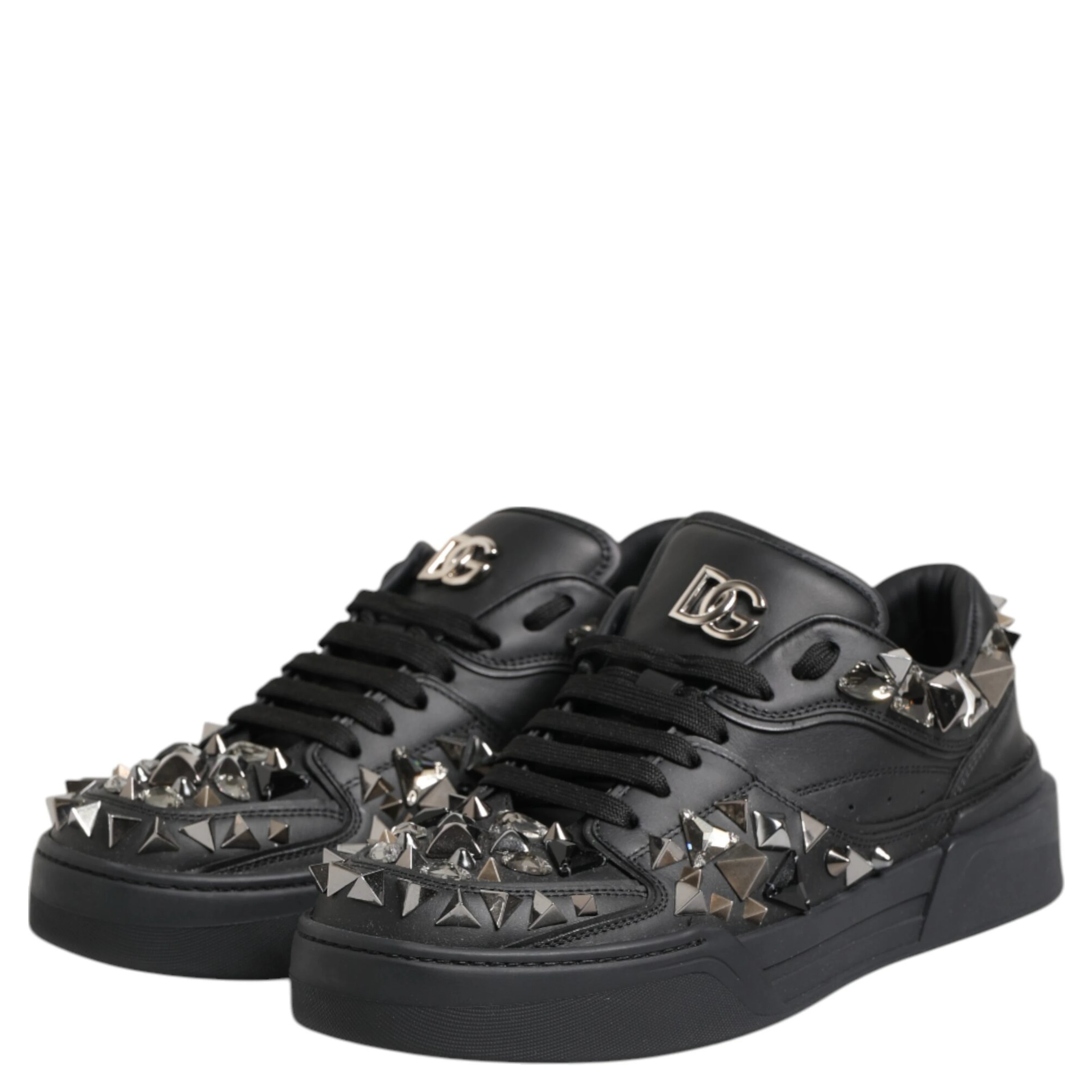 Black Leather Studded Low Top Sneakers Shoes