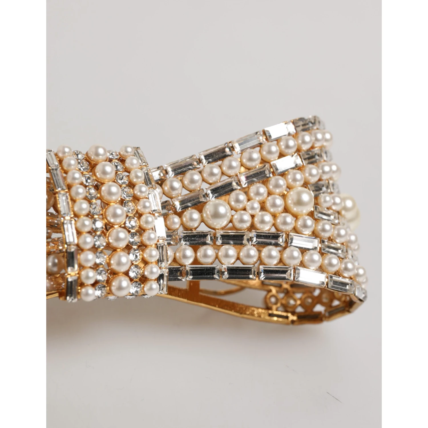 Gold Tone Brass Bow Crystal FauxPearl Embellished Brooch