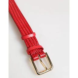 Red Exotic Leather Gold Tone Metal Buckle Women Armband