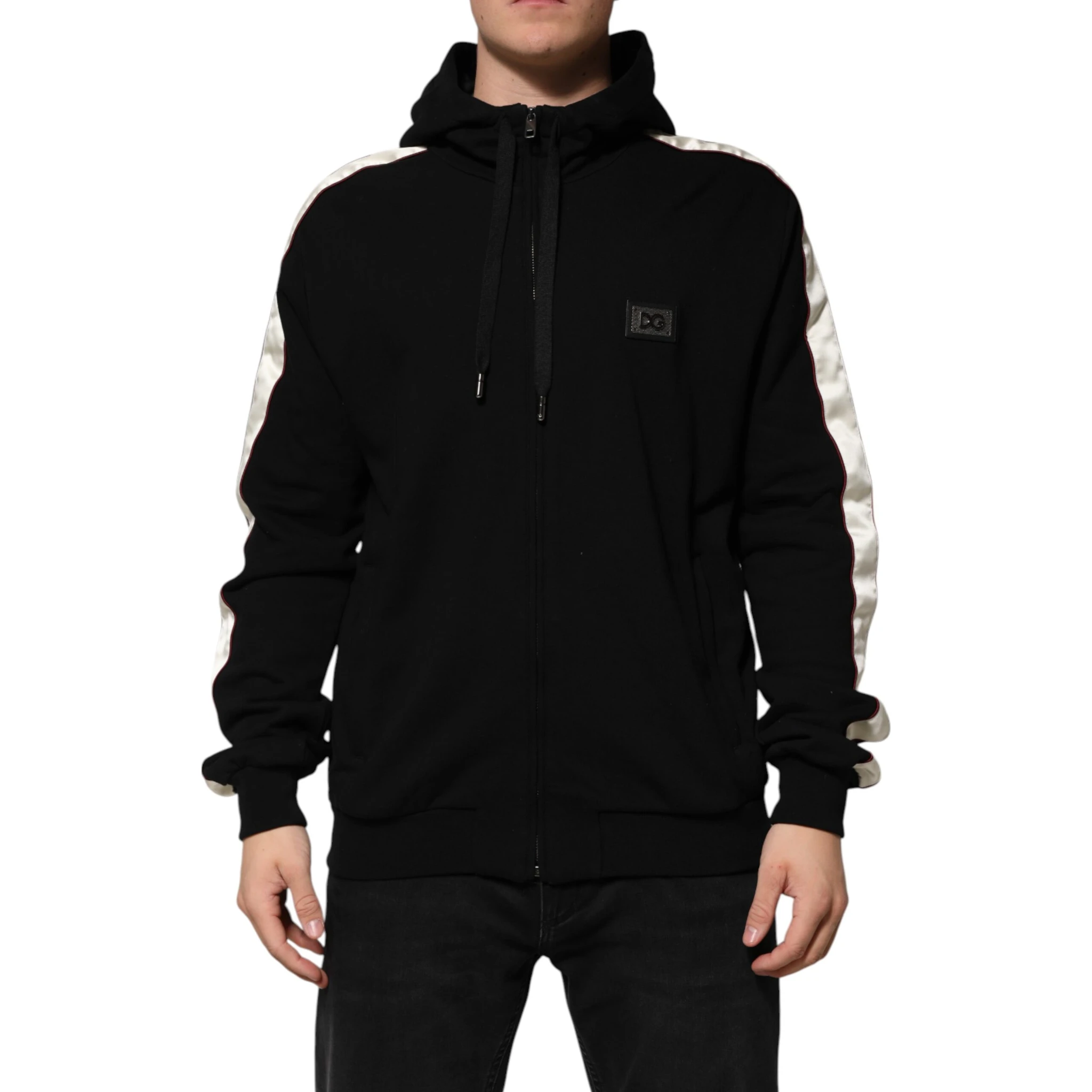 Black Cotton Plaque Track Cardigan Sweater