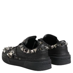 Black Leather Studded Low Top Sneakers Shoes