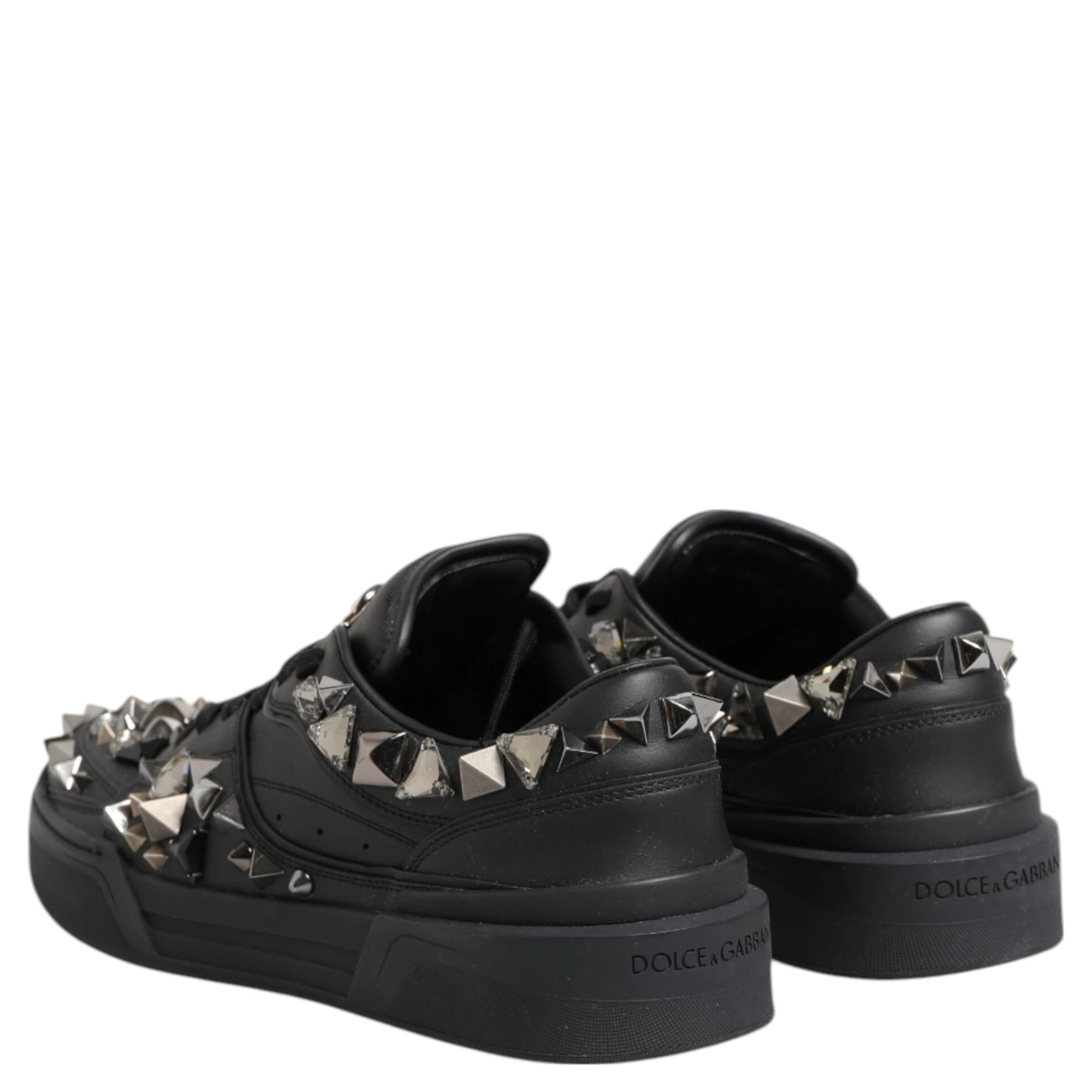 Black Leather Studded Low Top Sneakers Shoes