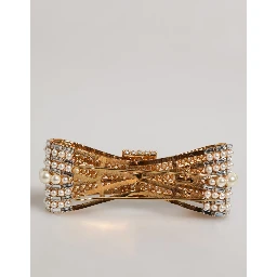 Gold Tone Brass Bow Crystal FauxPearl Embellished Brooch