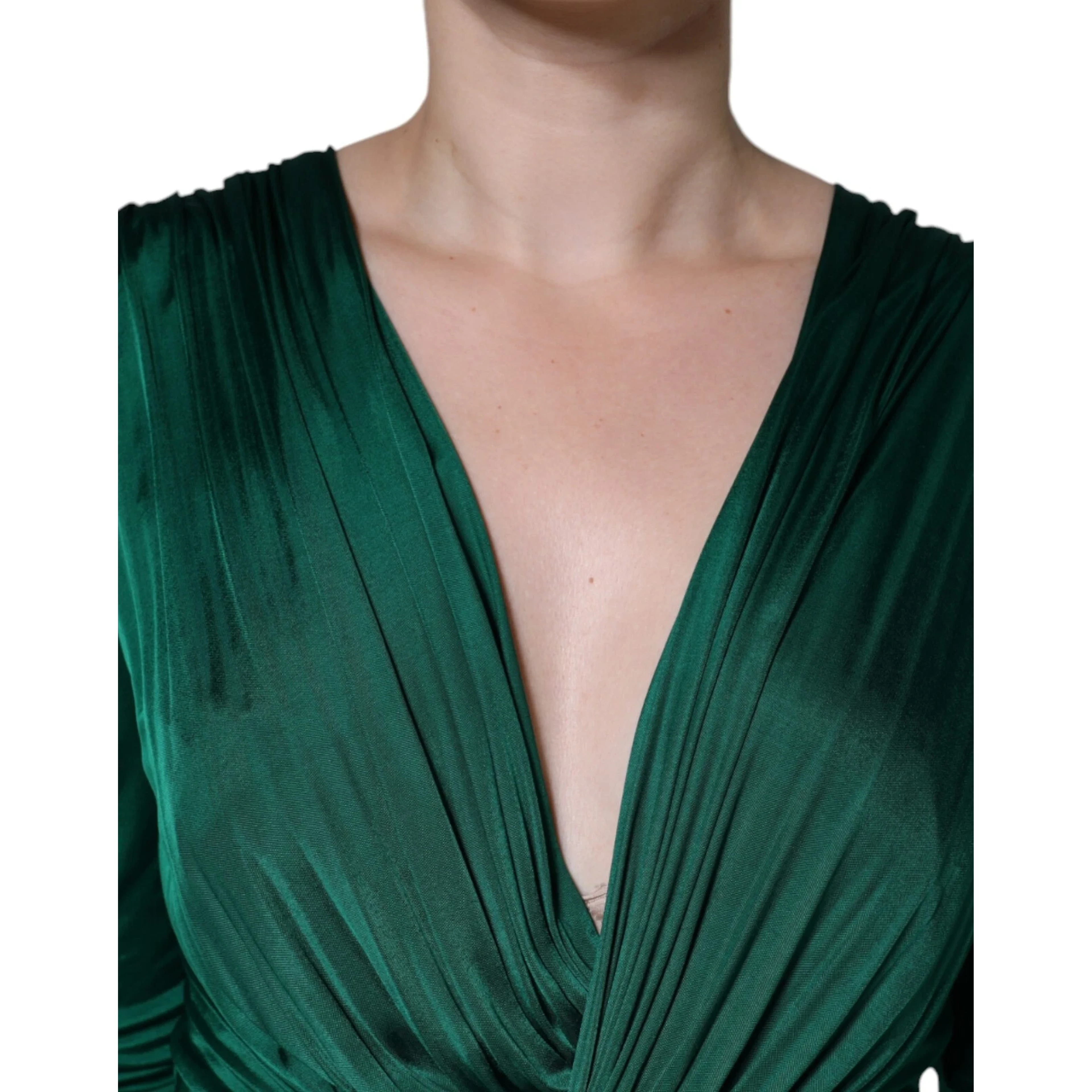 Dark Green Viscose Long Sleeve Midi Dress