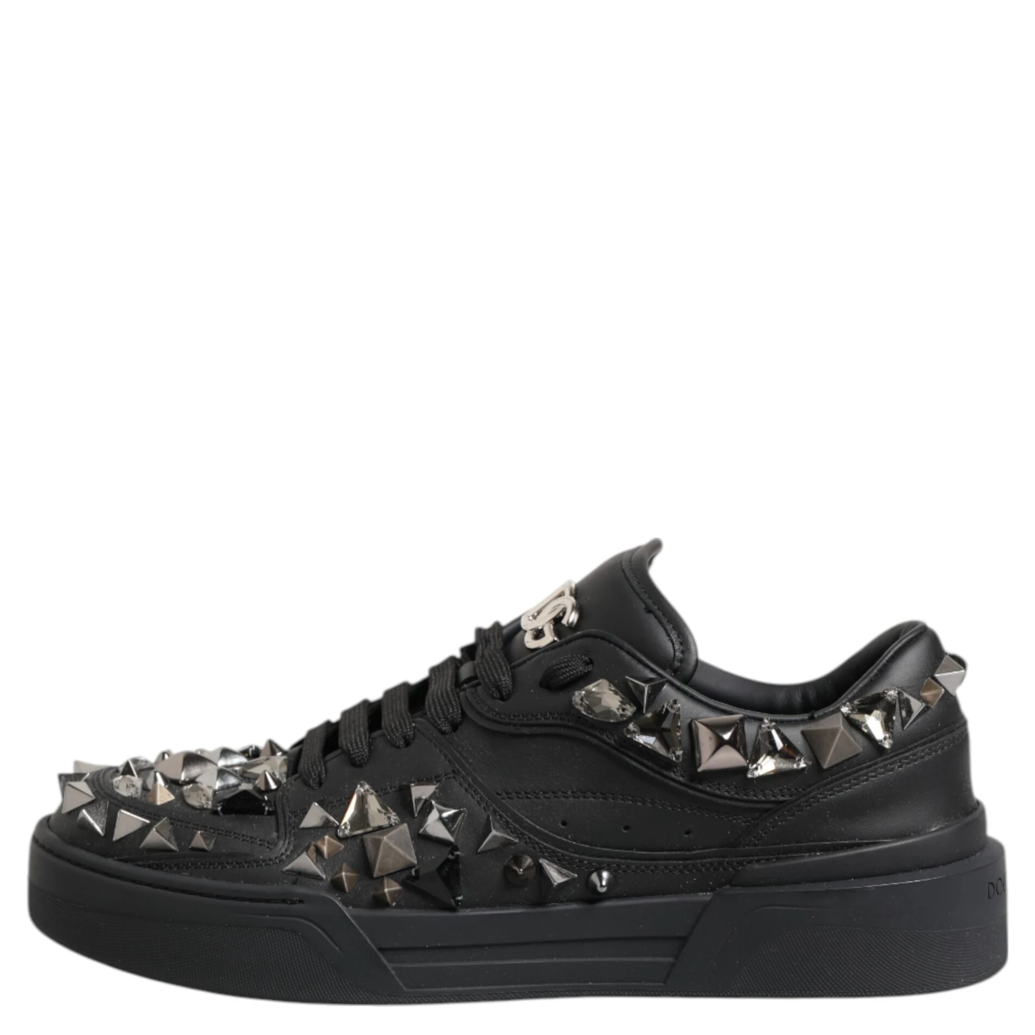 Black Leather Studded Low Top Sneakers Shoes