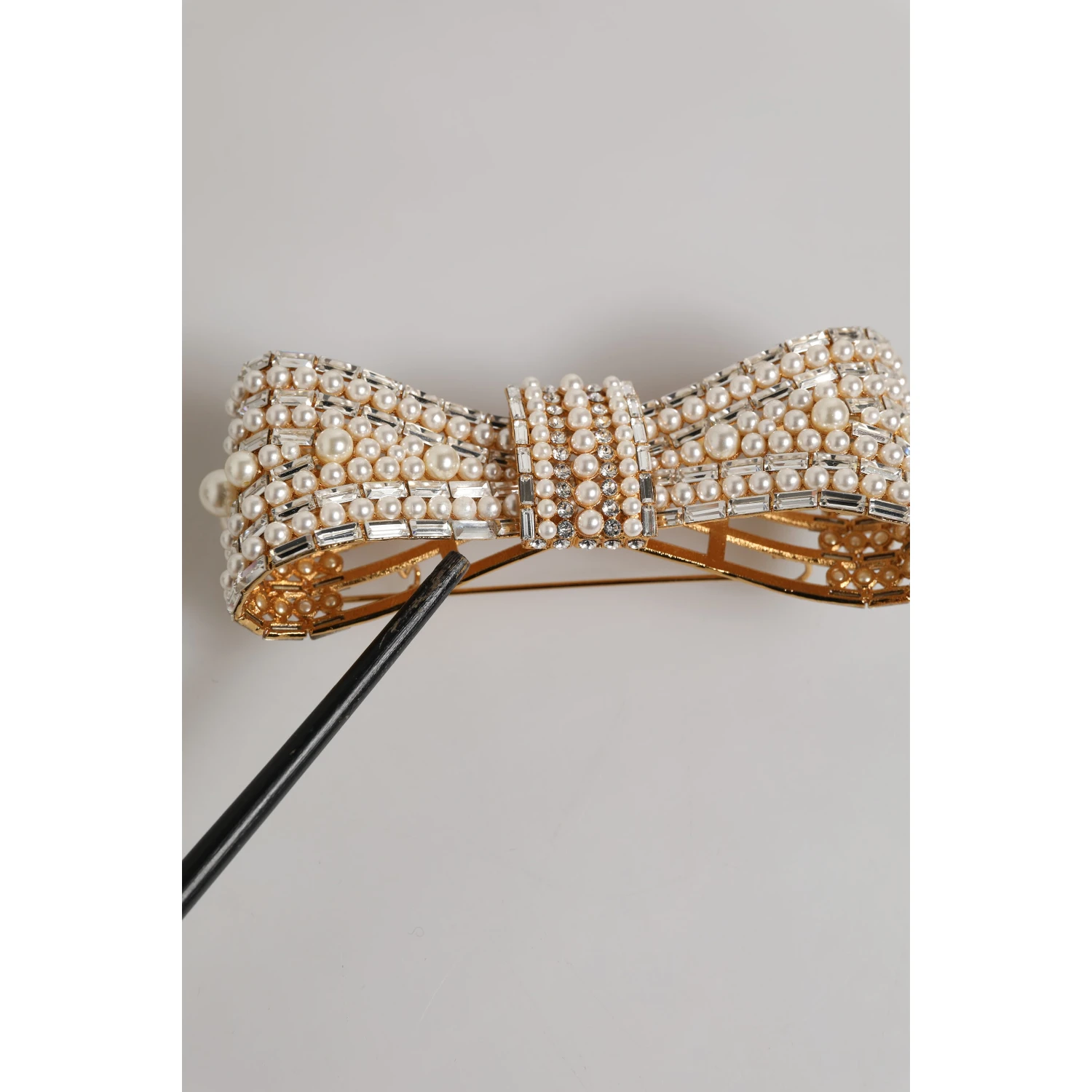 Gold Tone Brass Bow Crystal FauxPearl Embellished Brooch