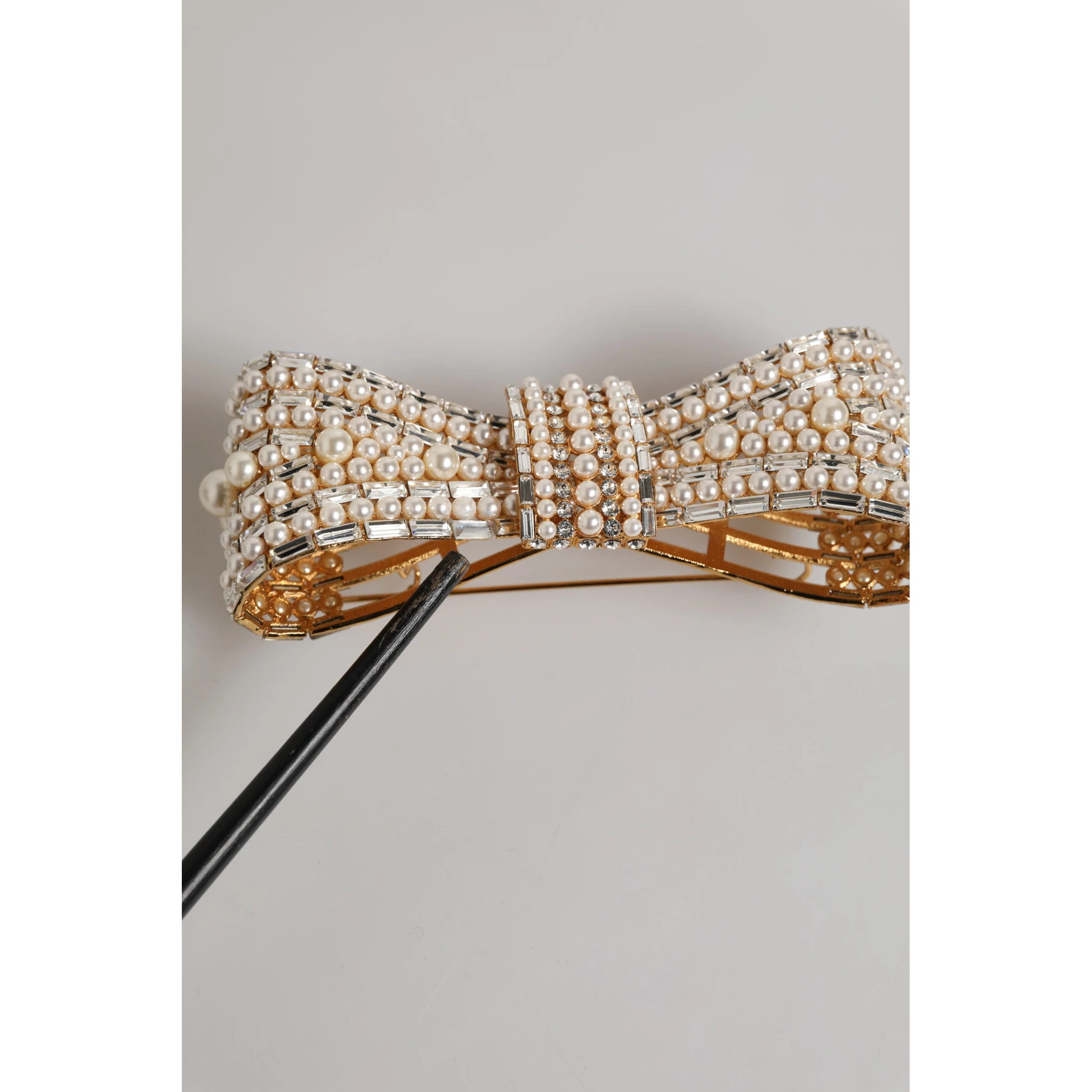 Gold Tone Brass Bow Crystal FauxPearl Embellished Brooch